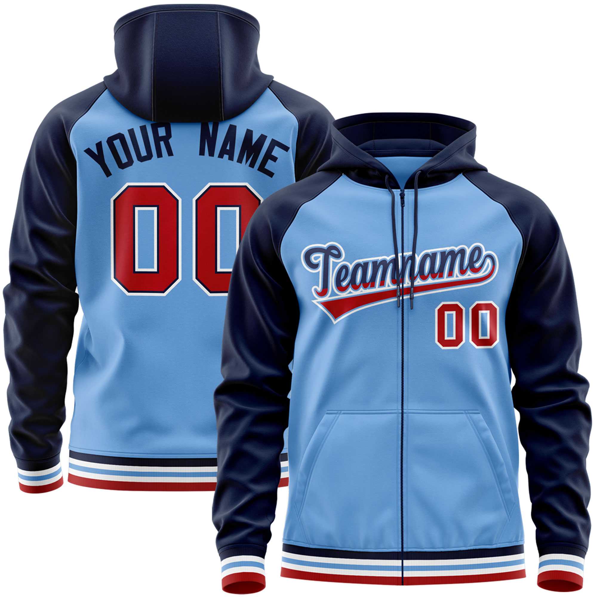 Custom Stitched Powder Blue Navy Raglan Sleeves Sports Full-Zip Sweatshirt Hoodie