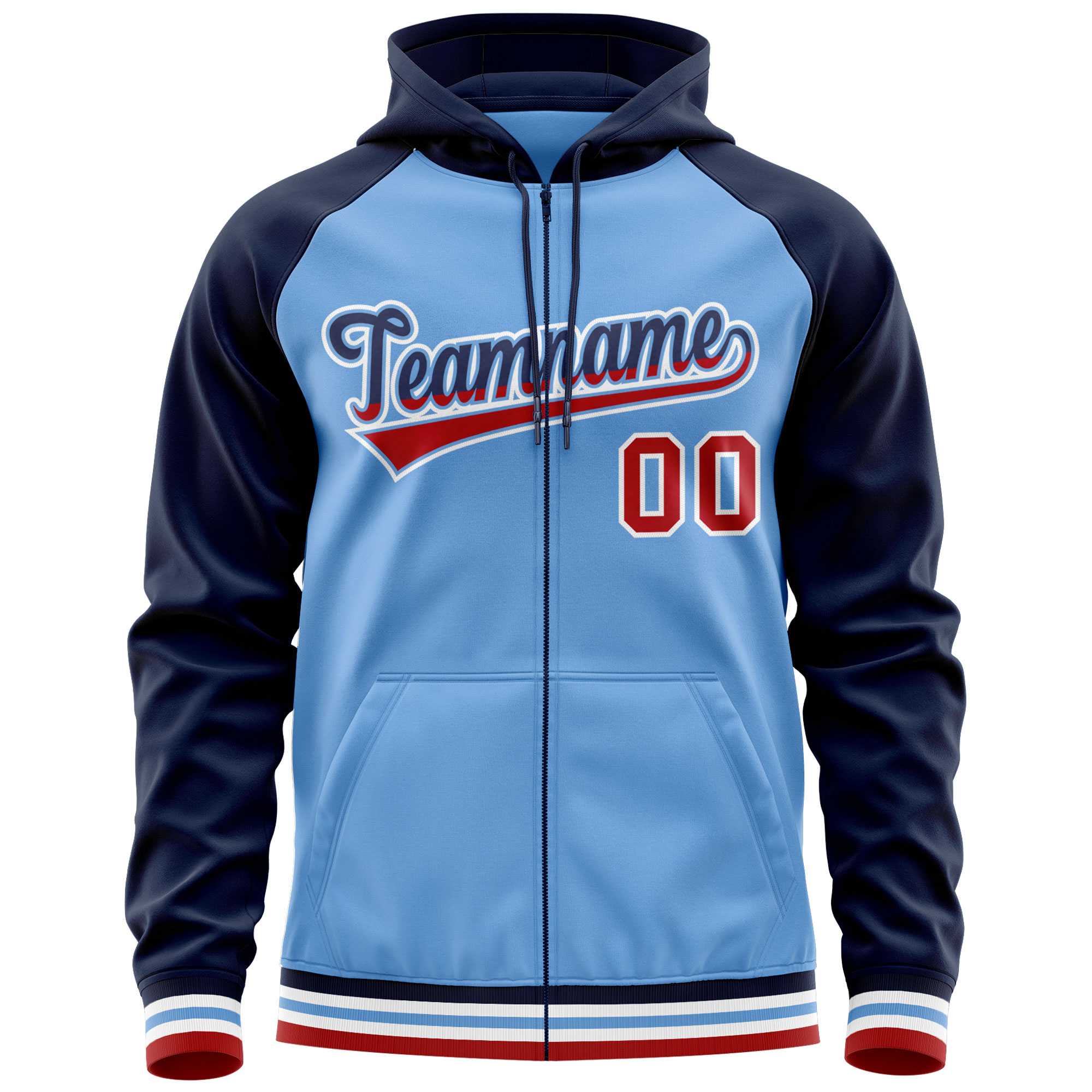 Custom Stitched Powder Blue Navy Raglan Sleeves Sports Full-Zip Sweatshirt Hoodie