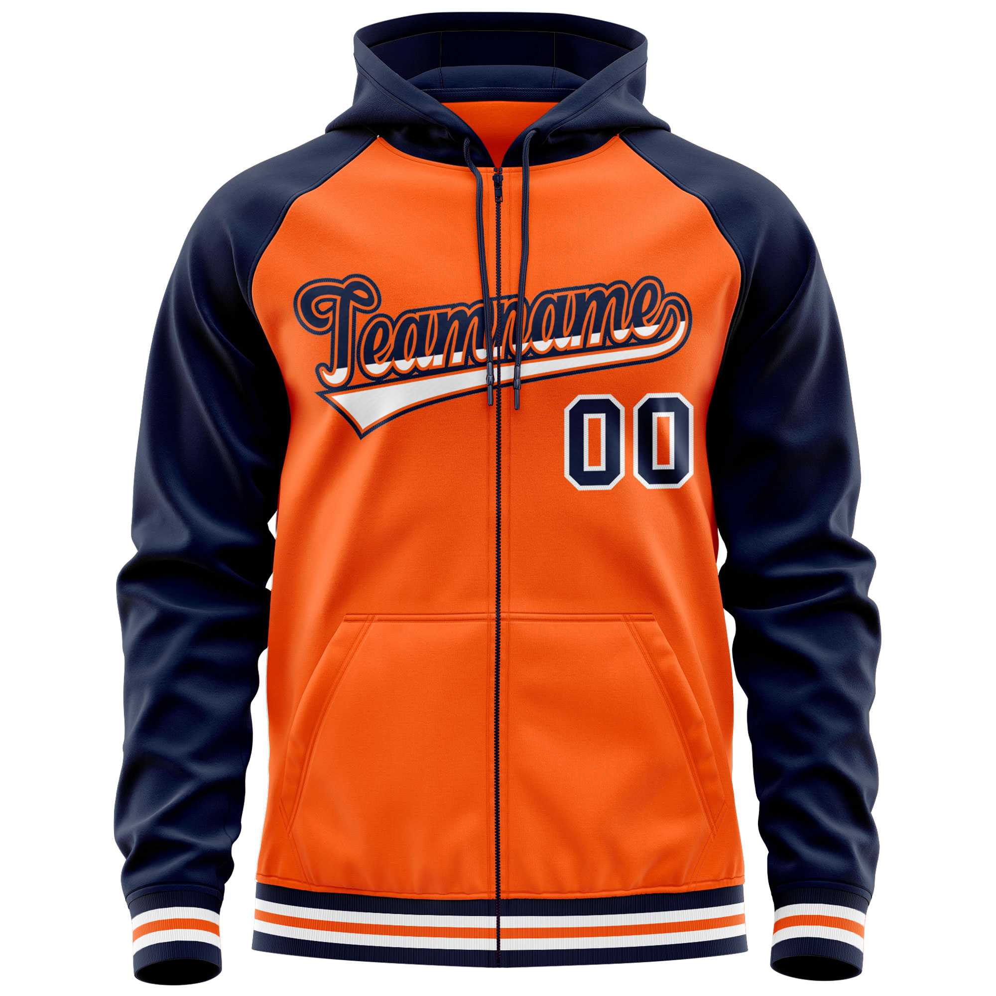 Custom Stitched Orange Navy Raglan Sleeves Sports Full-Zip Sweatshirt Hoodie