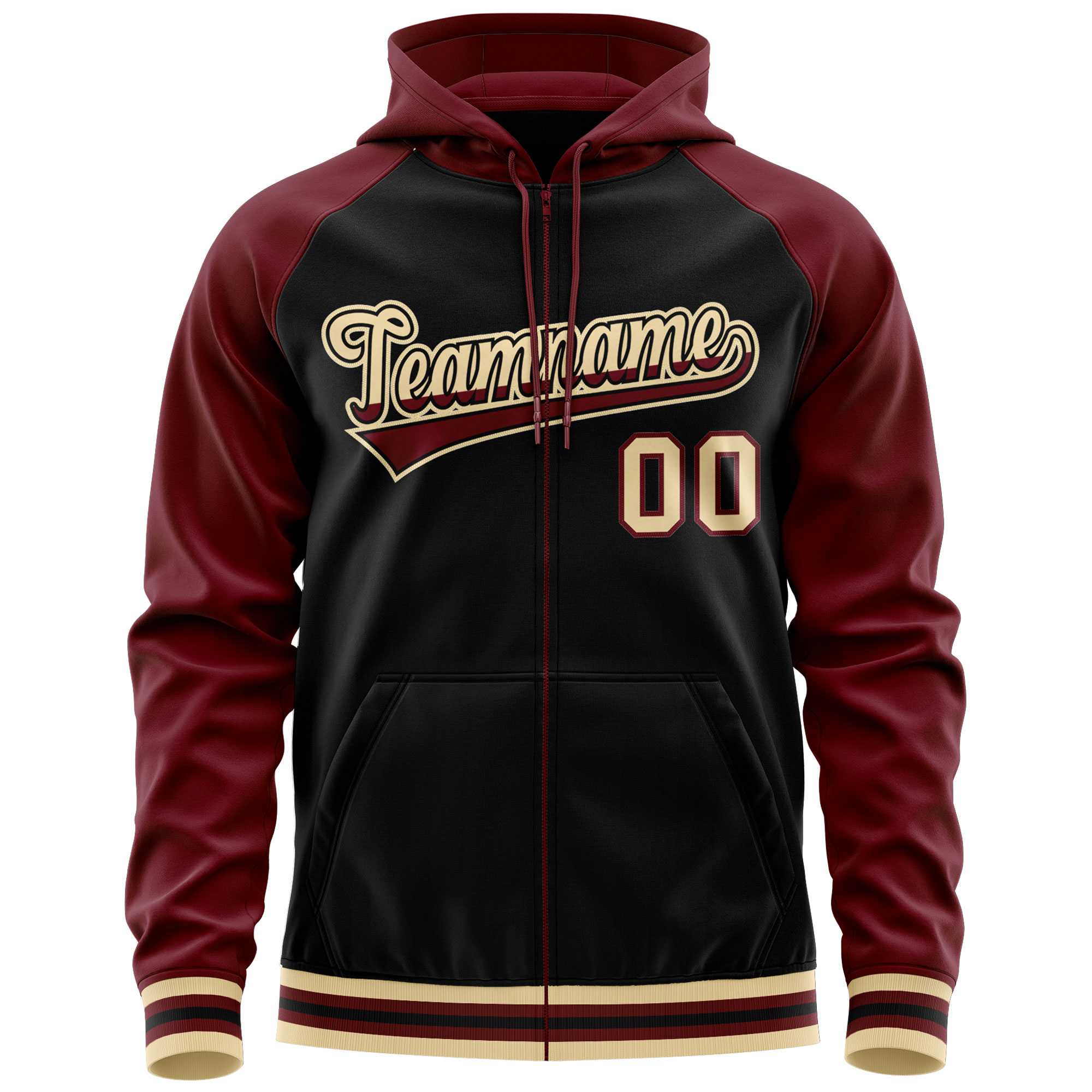 Custom Stitched Black Crimson Raglan Sleeves Sports Full-Zip Sweatshirt Hoodie