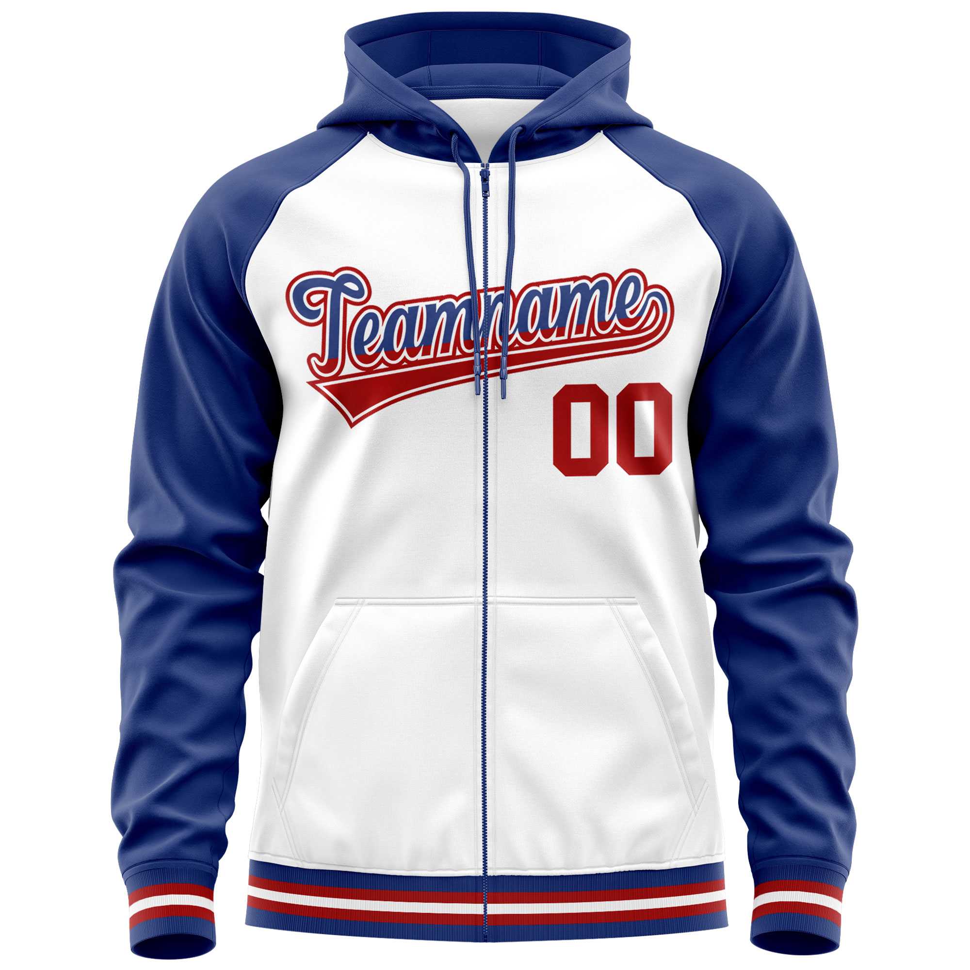 Custom Stitched White Royal Raglan Sleeves Sports Full-Zip Sweatshirt Hoodie