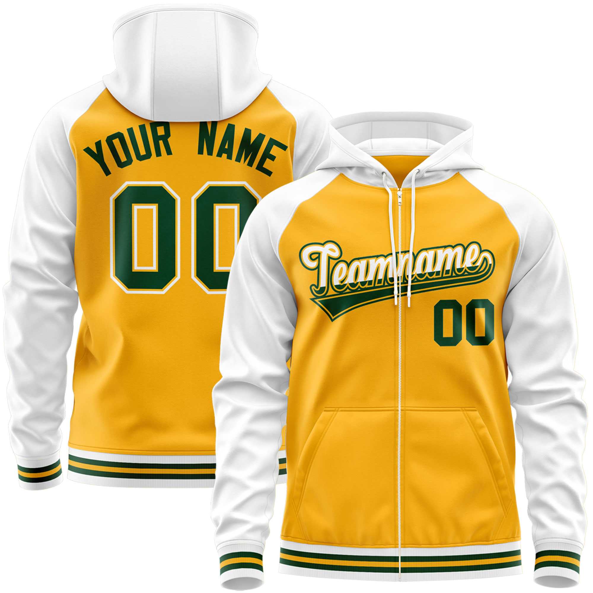 Custom Stitched Yellow White Raglan Sleeves Sports Full-Zip Sweatshirt Hoodie