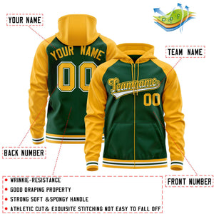 Custom Stitched Green Yellow Raglan Sleeves Sports Full-Zip Sweatshirt Hoodie