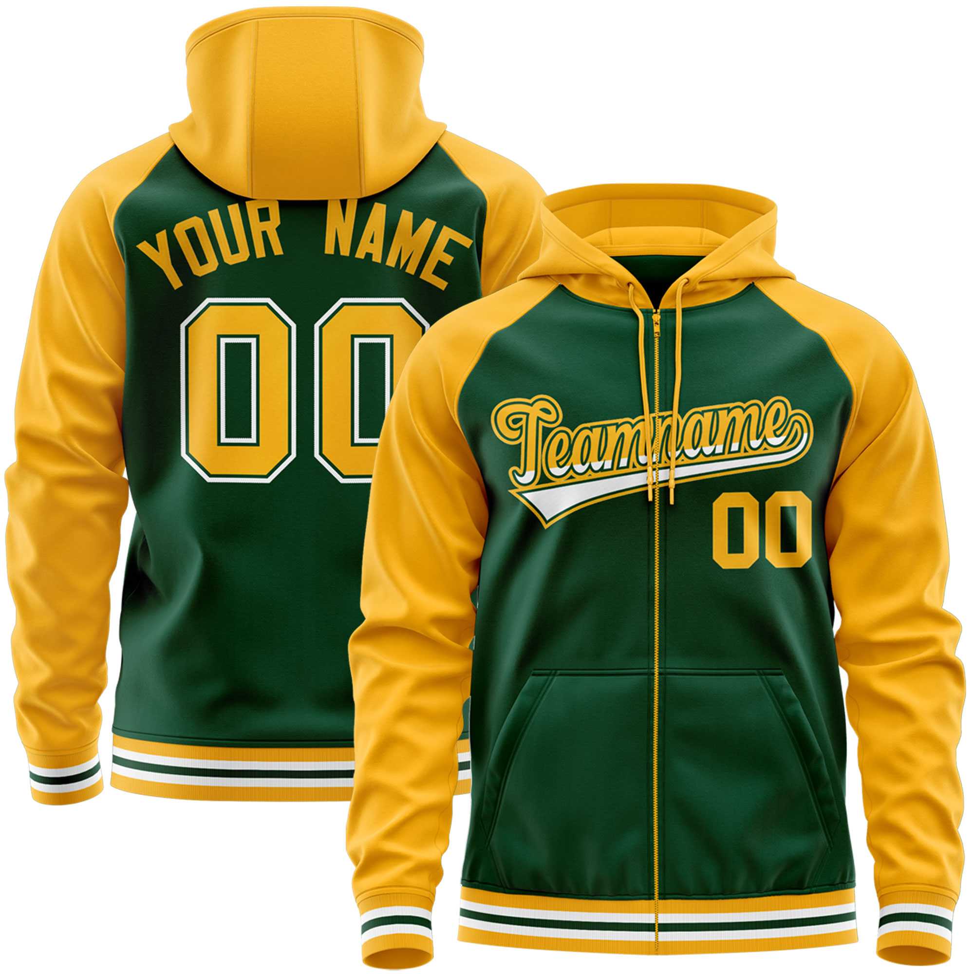 Custom Stitched Green Yellow Raglan Sleeves Sports Full-Zip Sweatshirt Hoodie