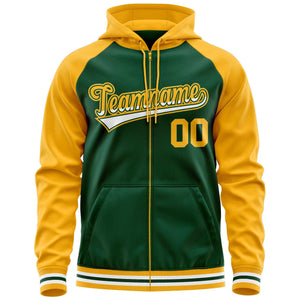 Custom Stitched Green Yellow Raglan Sleeves Sports Full-Zip Sweatshirt Hoodie