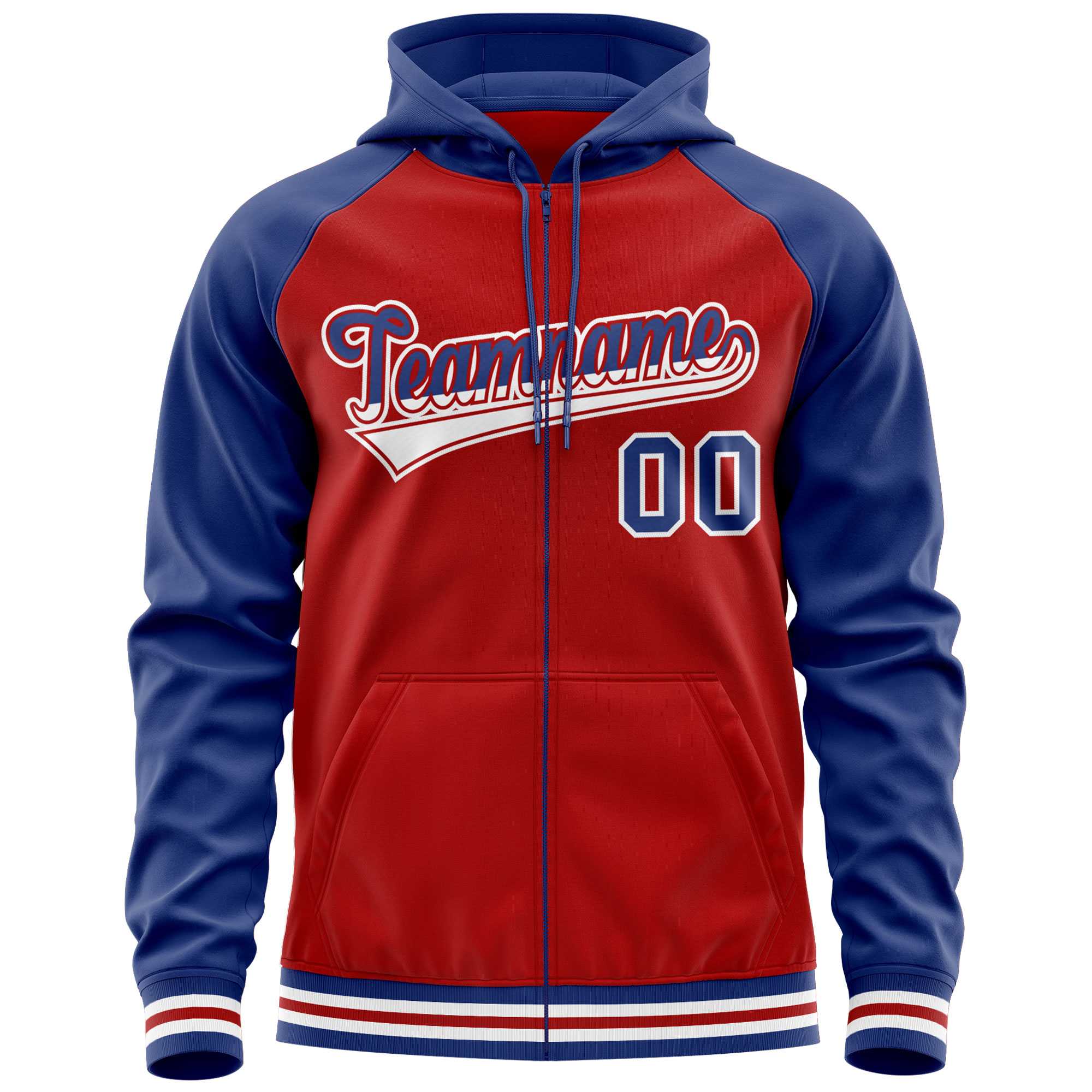 Custom Stitched Red Royal Raglan Sleeves Sports Full-Zip Sweatshirt Hoodie