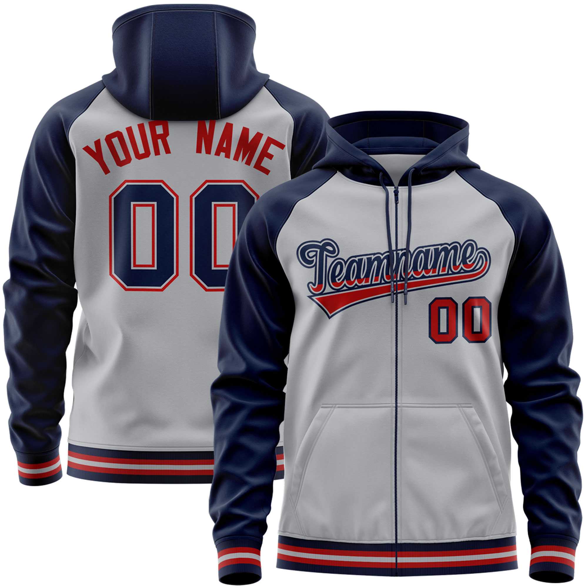 Custom Stitched Gray Navy Raglan Sleeves Sports Full-Zip Sweatshirt Hoodie