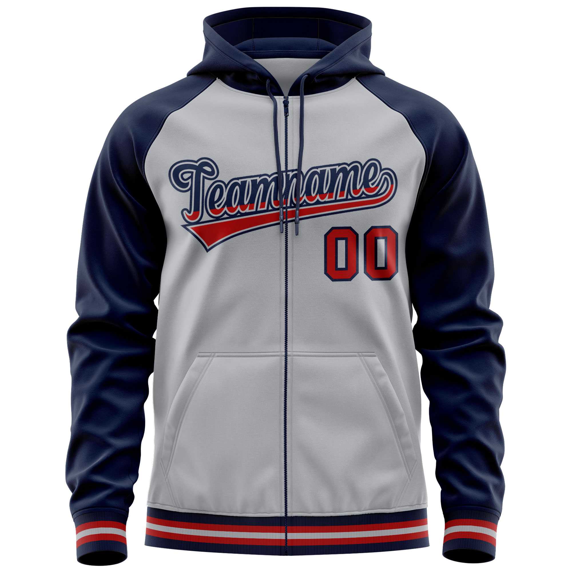 Custom Stitched Gray Navy Raglan Sleeves Sports Full-Zip Sweatshirt Hoodie