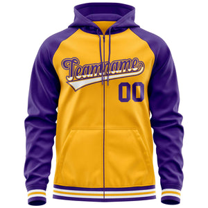 Custom Stitched Yellow Purple Raglan Sleeves Sports Full-Zip Sweatshirt Hoodie