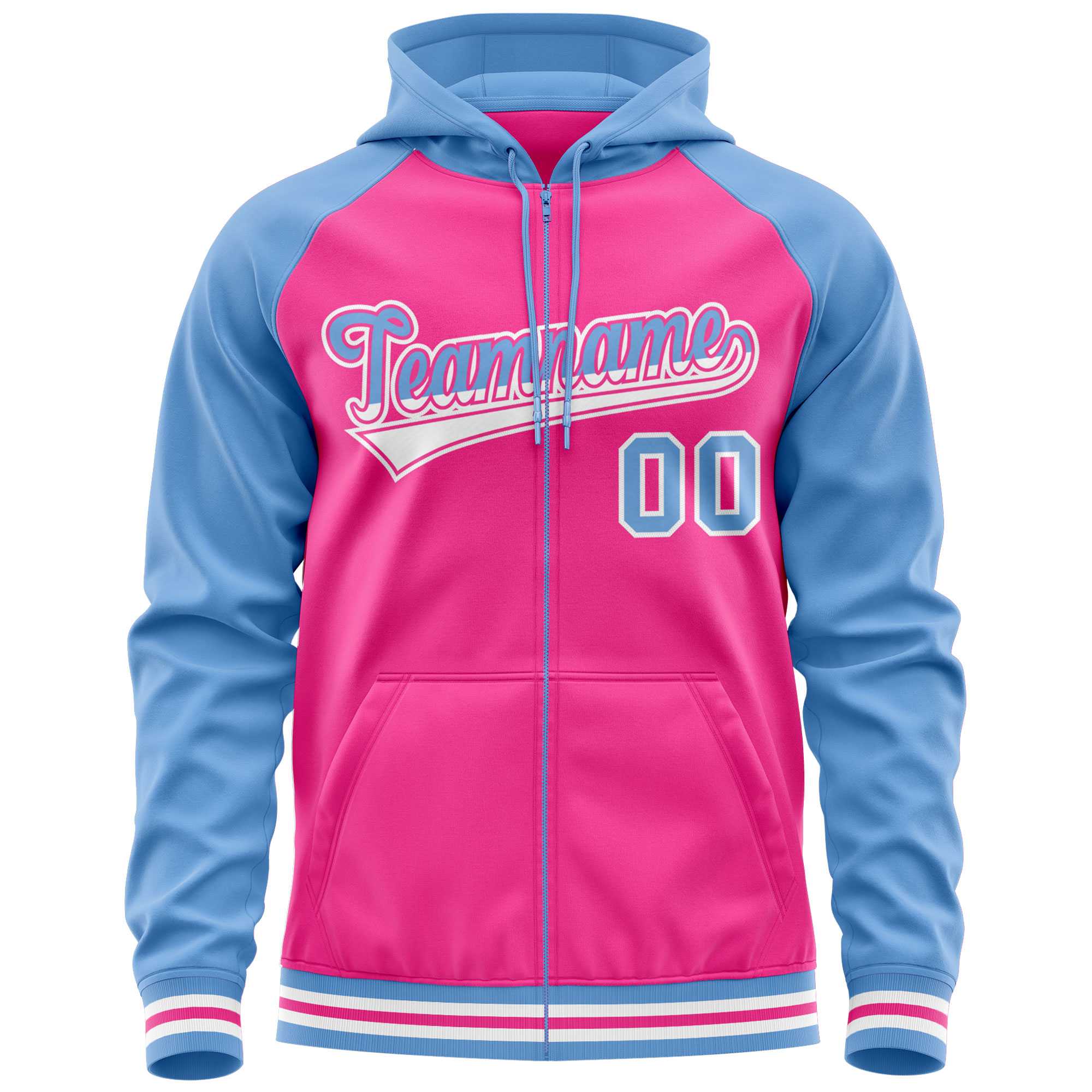 Custom Stitched Pink Powder Blue Raglan Sleeves Sports Full-Zip Sweatshirt Hoodie