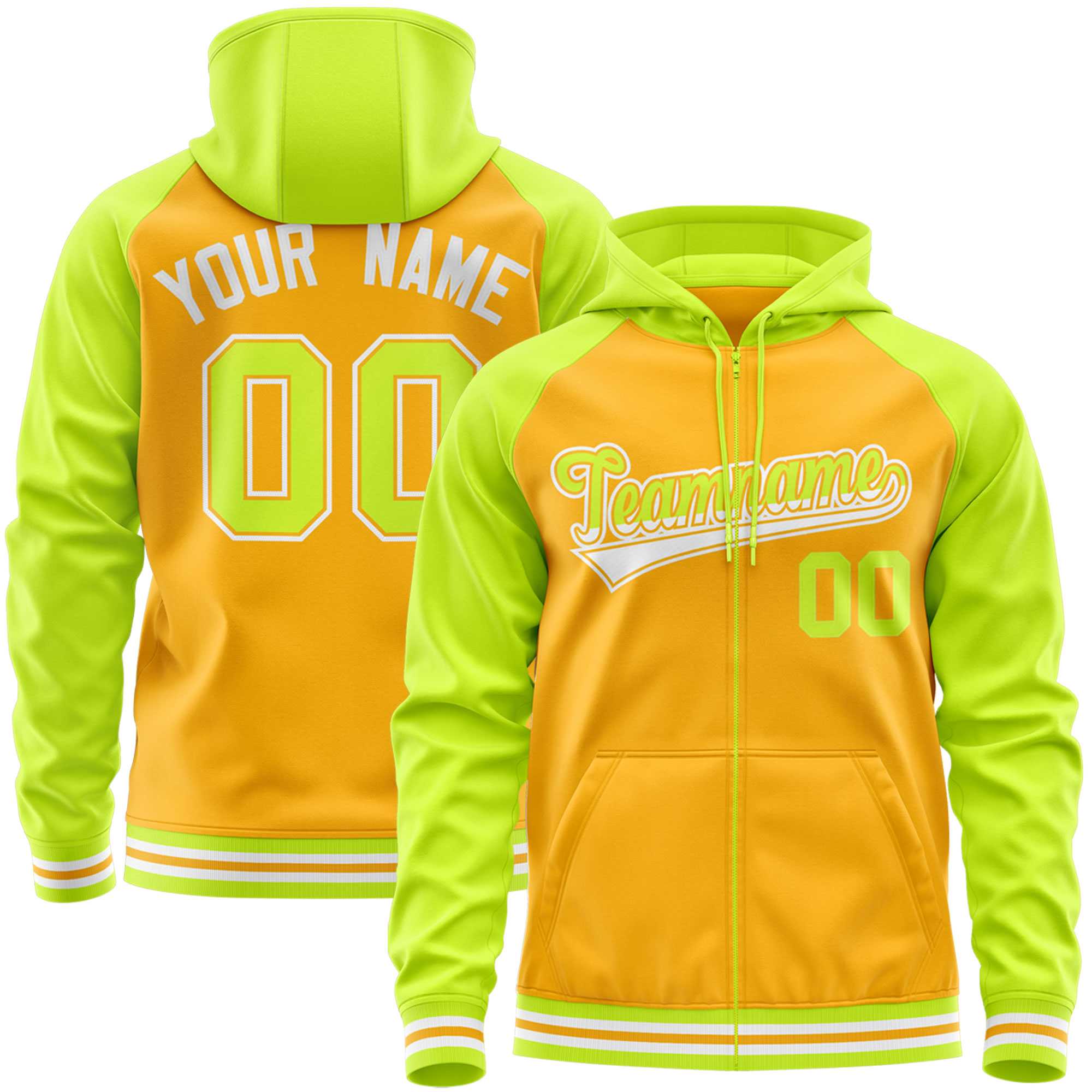 Custom Stitched Yellow Neon Green Raglan Sleeves Sports Full-Zip Sweatshirt Hoodie