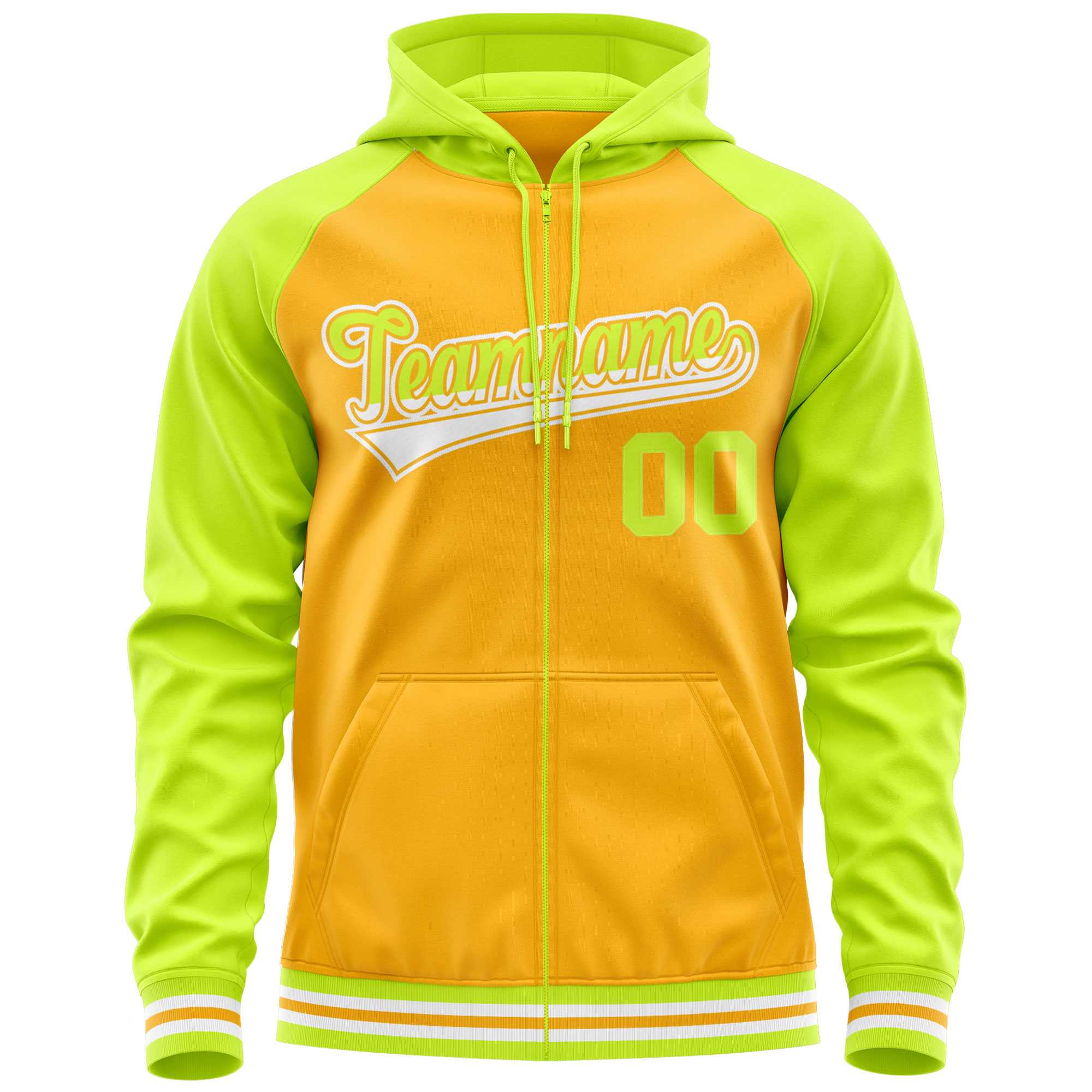 Custom Stitched Yellow Neon Green Raglan Sleeves Sports Full-Zip Sweatshirt Hoodie