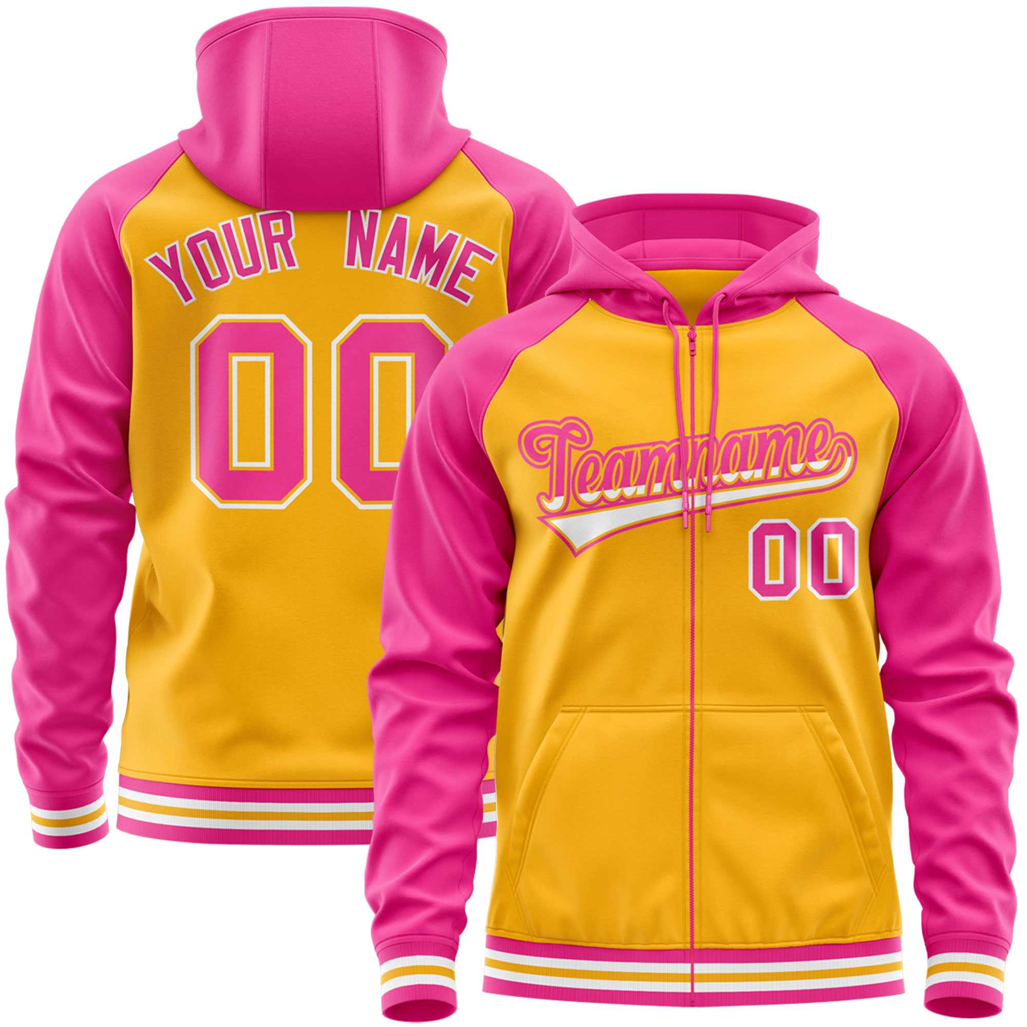 Custom Stitched Yellow Pink Raglan Sleeves Sports Full-Zip Sweatshirt Hoodie