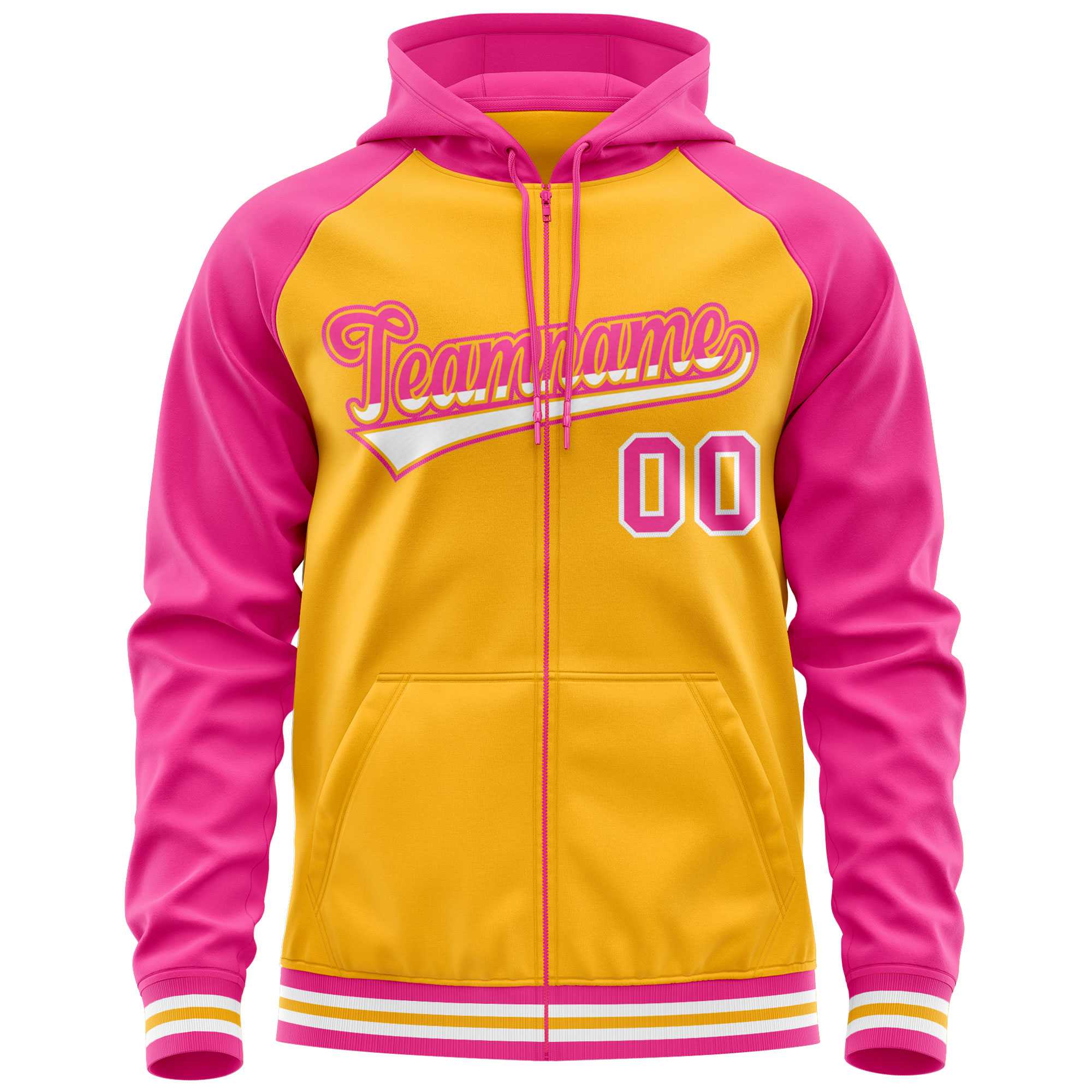 Custom Stitched Yellow Pink Raglan Sleeves Sports Full-Zip Sweatshirt Hoodie