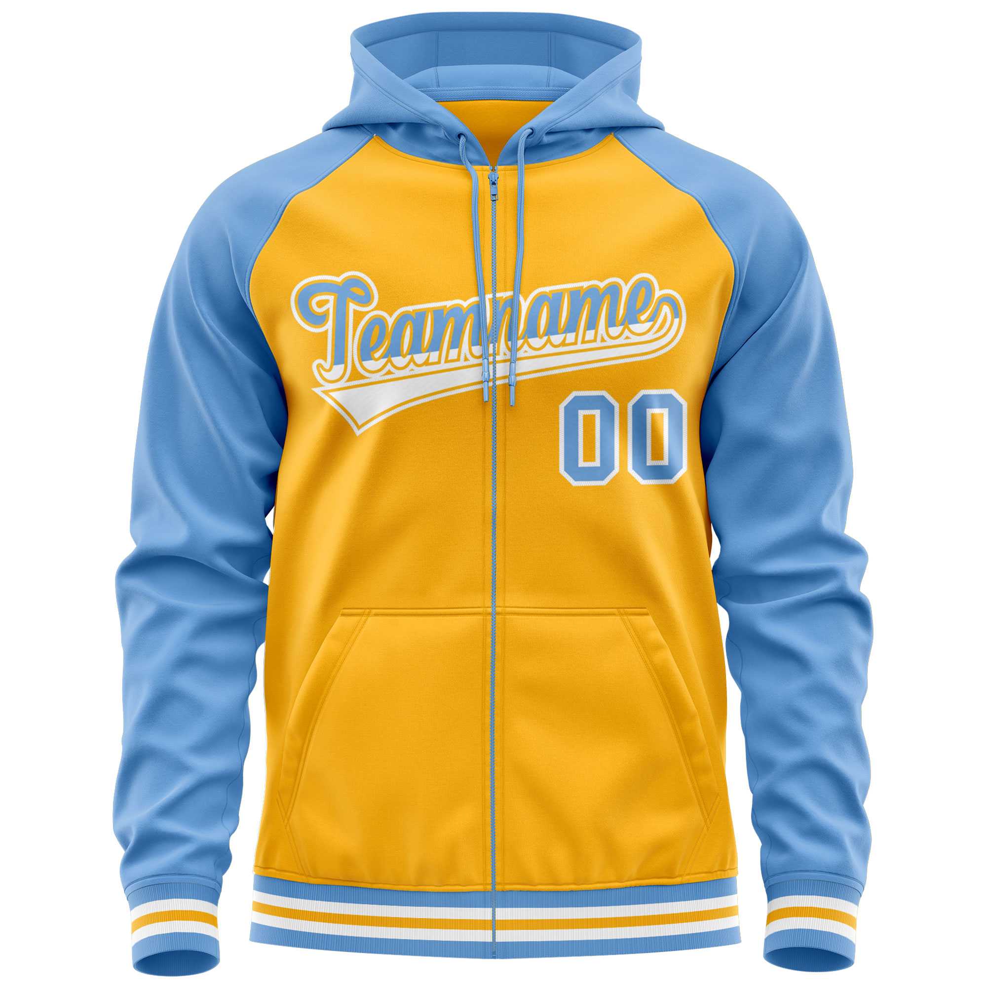 Custom Stitched Yellow Powder Blue Raglan Sleeves Sports Full-Zip Sweatshirt Hoodie