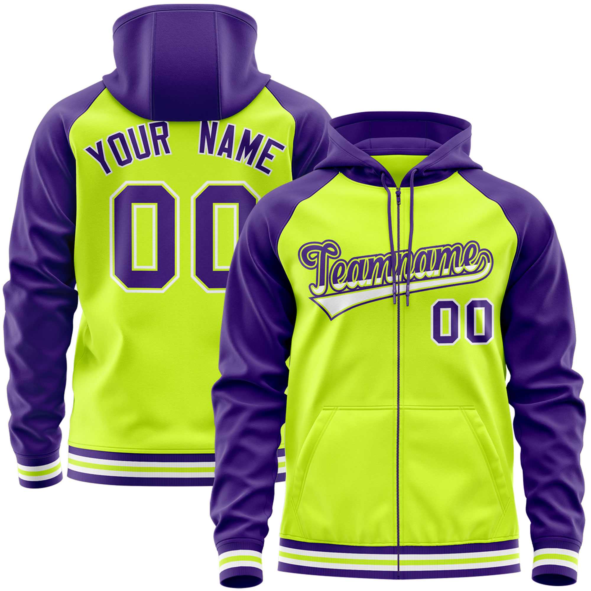 Custom Stitched Neon Green Purple Raglan Sleeves Sports Full-Zip Sweatshirt Hoodie