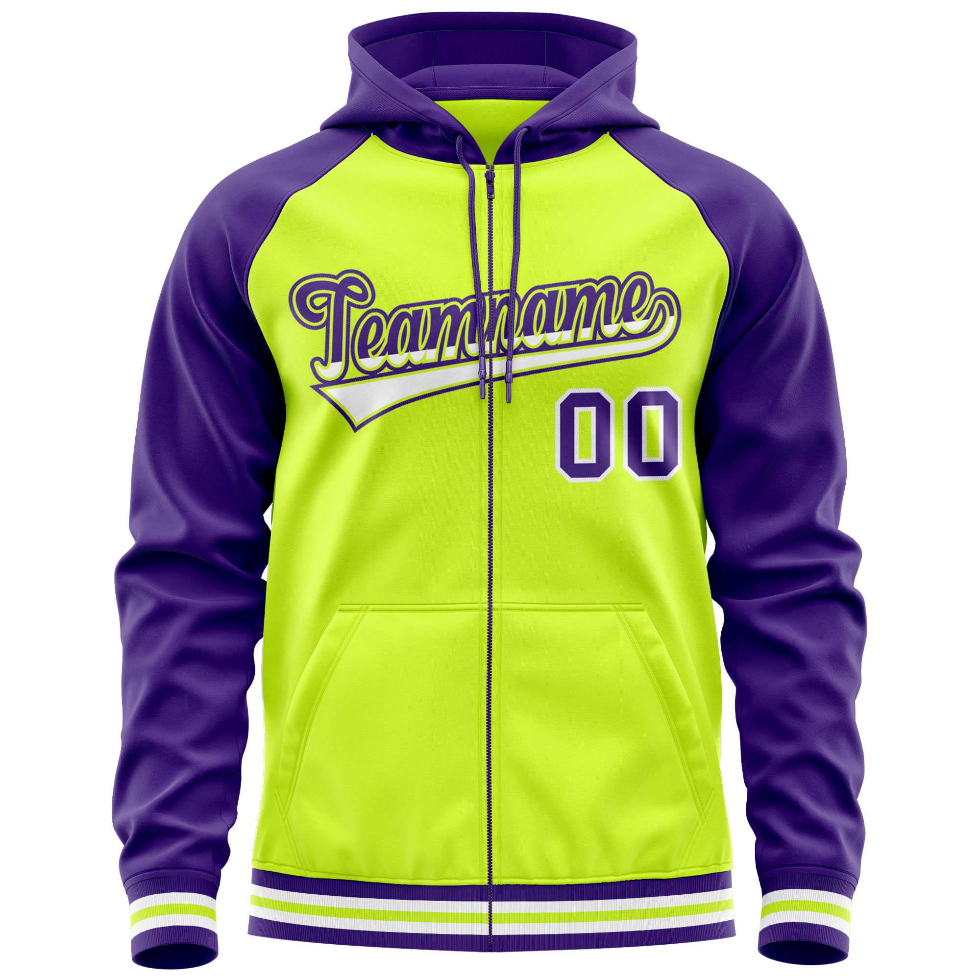 Custom Stitched Neon Green Purple Raglan Sleeves Sports Full-Zip Sweatshirt Hoodie