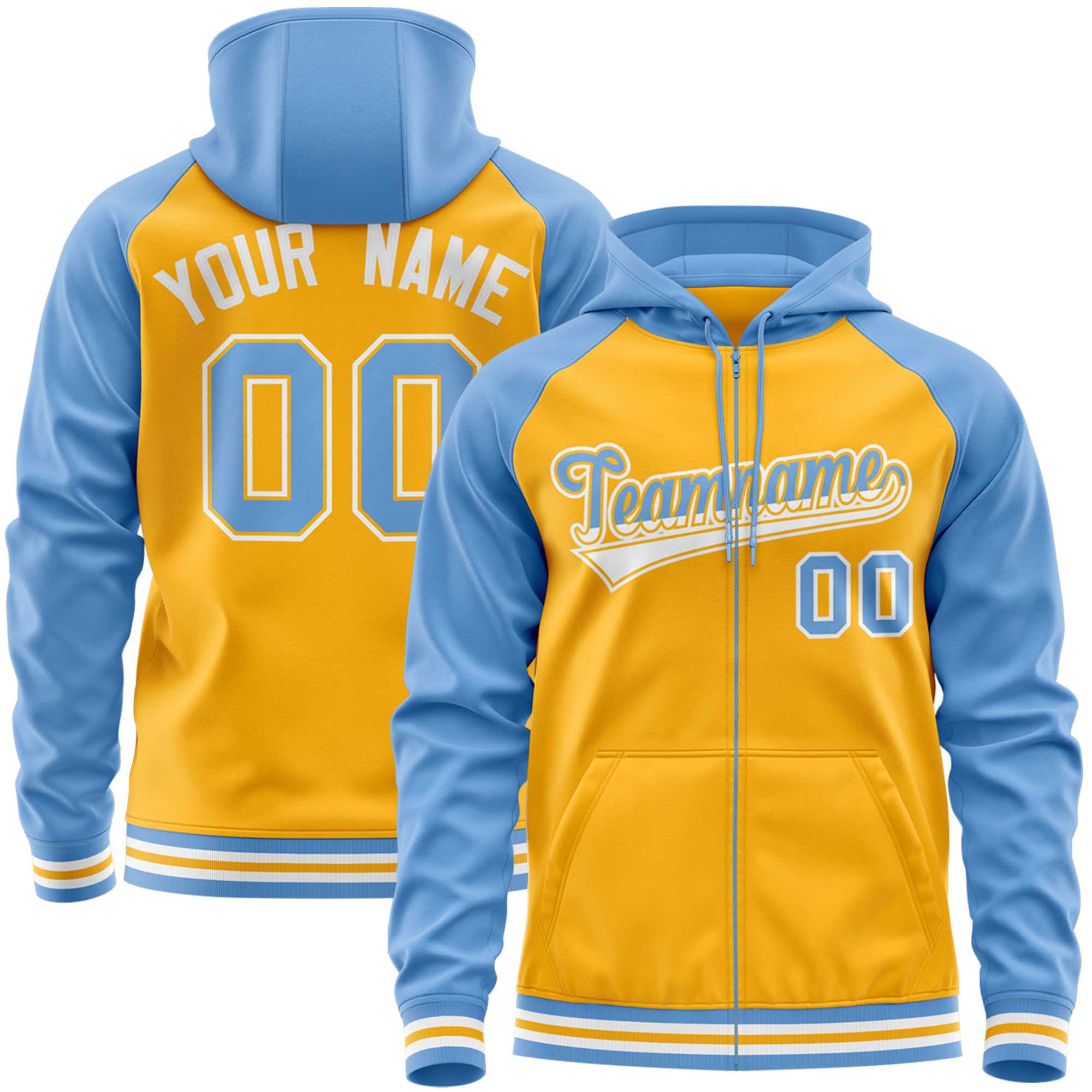 Custom Stitched Yellow Powder Blue Raglan Sleeves Sports Full-Zip Sweatshirt Hoodie