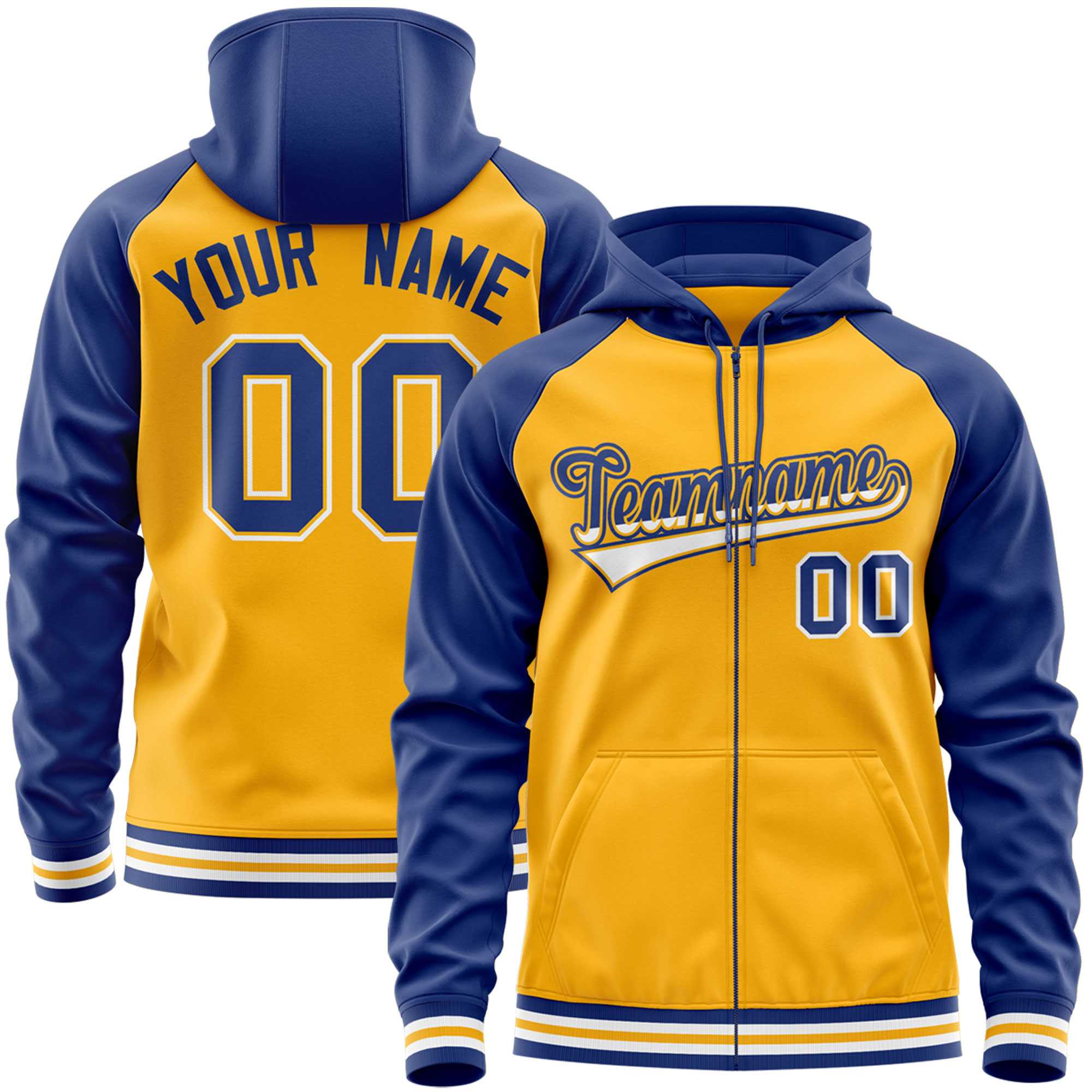 Custom Stitched Yellow Royal Raglan Sleeves Sports Full-Zip Sweatshirt Hoodie