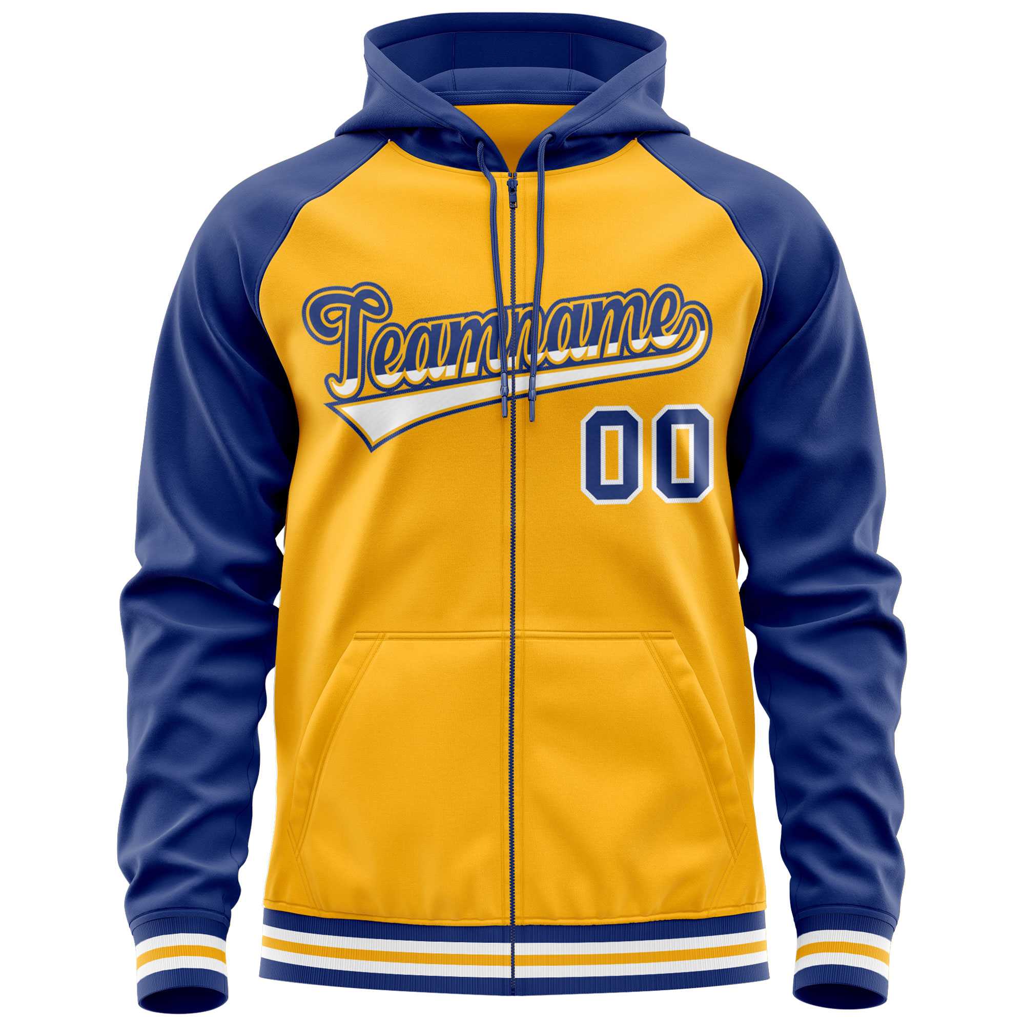 Custom Stitched Yellow Royal Raglan Sleeves Sports Full-Zip Sweatshirt Hoodie