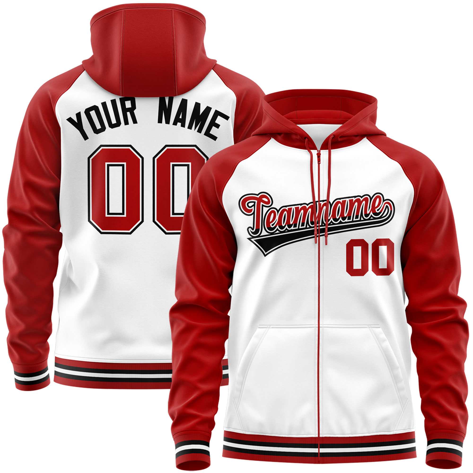 Custom Stitched White Red Raglan Sleeves Sports Full-Zip Sweatshirt Hoodie