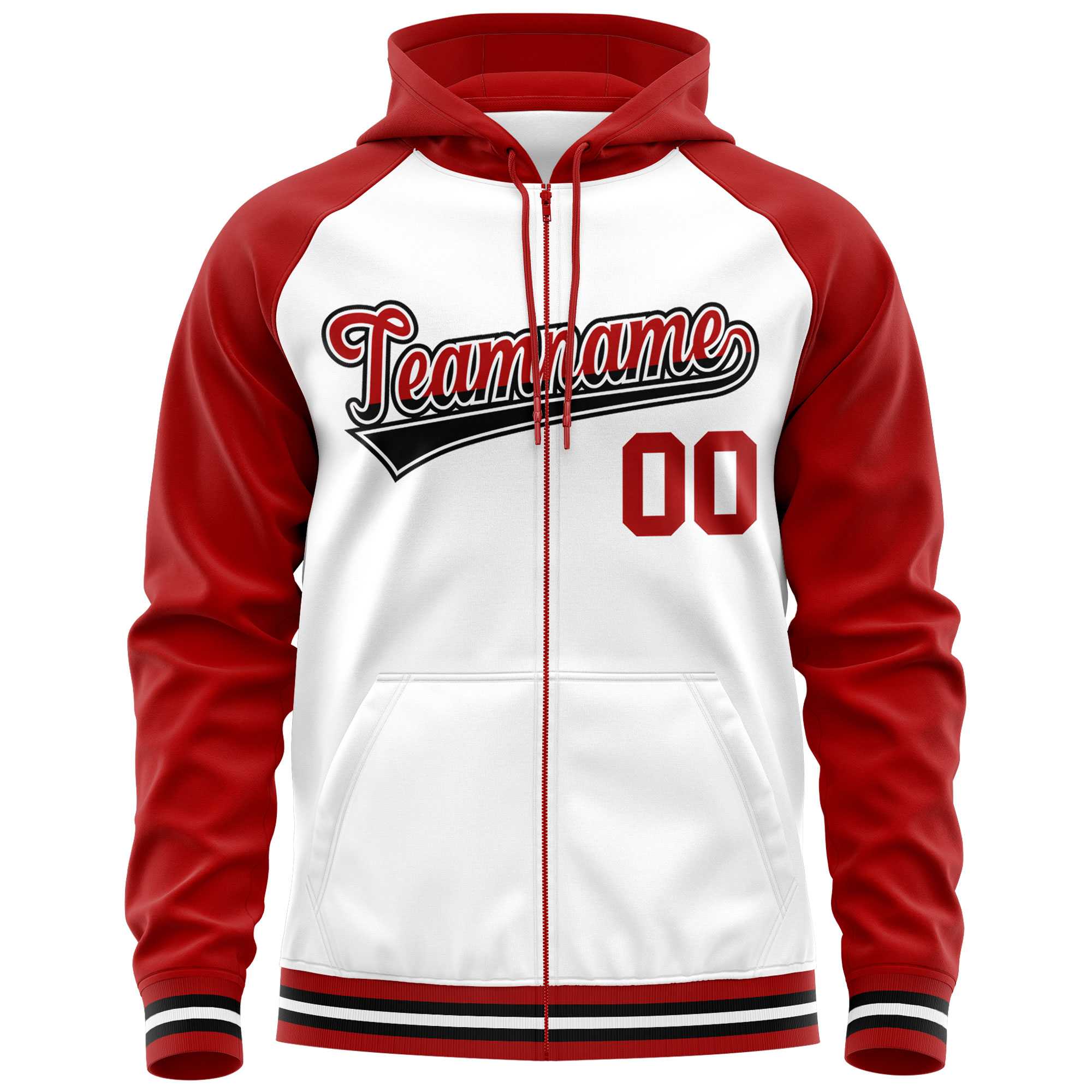 Custom Stitched White Red Raglan Sleeves Sports Full-Zip Sweatshirt Hoodie