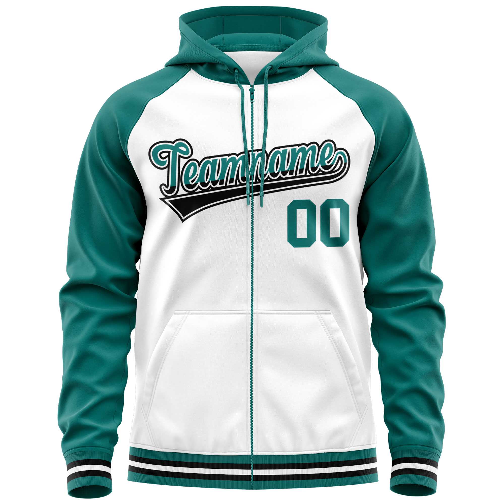 Custom Stitched White Aqua Raglan Sleeves Sports Full-Zip Sweatshirt Hoodie