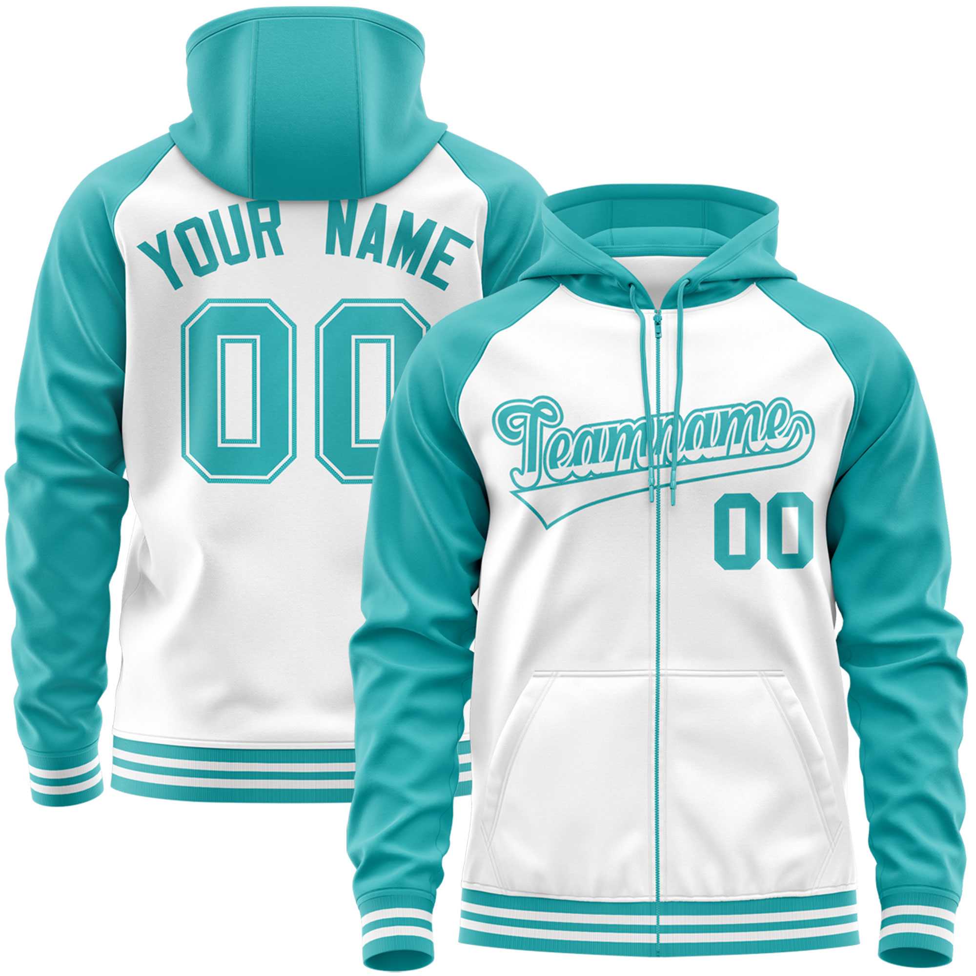 Custom Stitched White Aqua Raglan Sleeves Sports Full-Zip Sweatshirt Hoodie