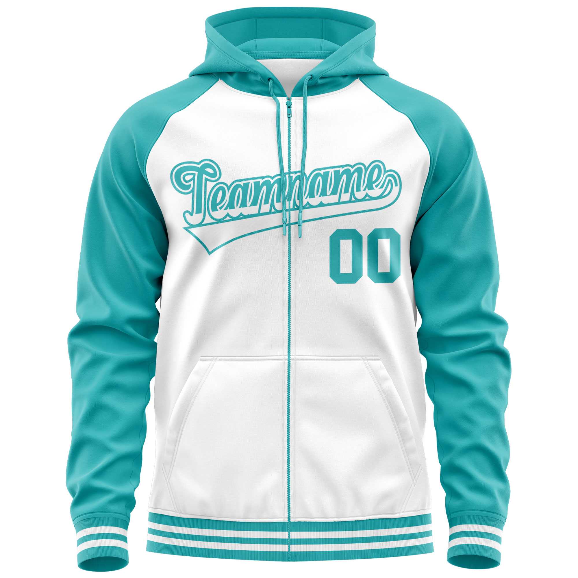 Custom Stitched White Aqua Raglan Sleeves Sports Full-Zip Sweatshirt Hoodie