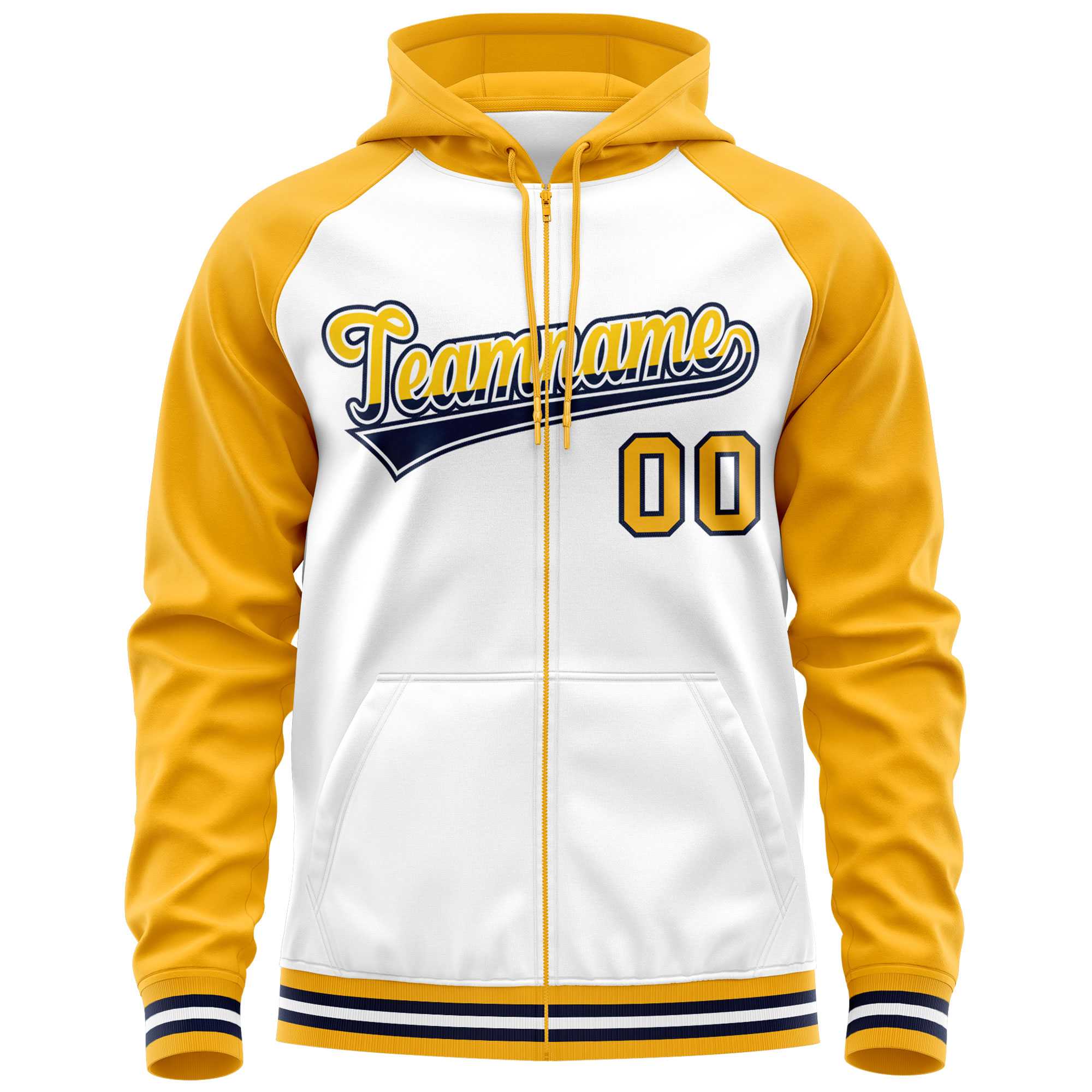 Custom Stitched White Yellow Raglan Sleeves Sports Full-Zip Sweatshirt Hoodie