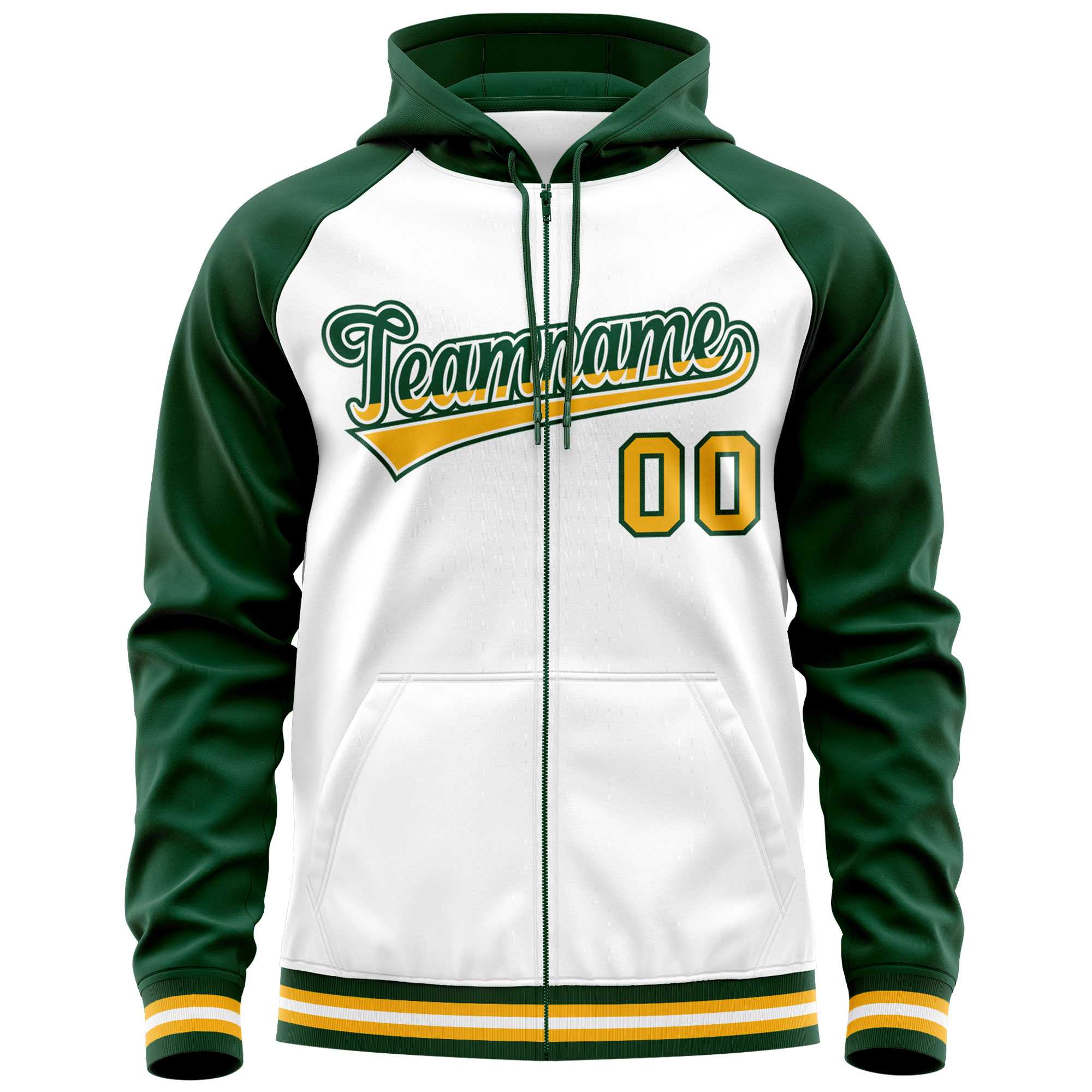 Custom Stitched White Green Raglan Sleeves Sports Full-Zip Sweatshirt Hoodie