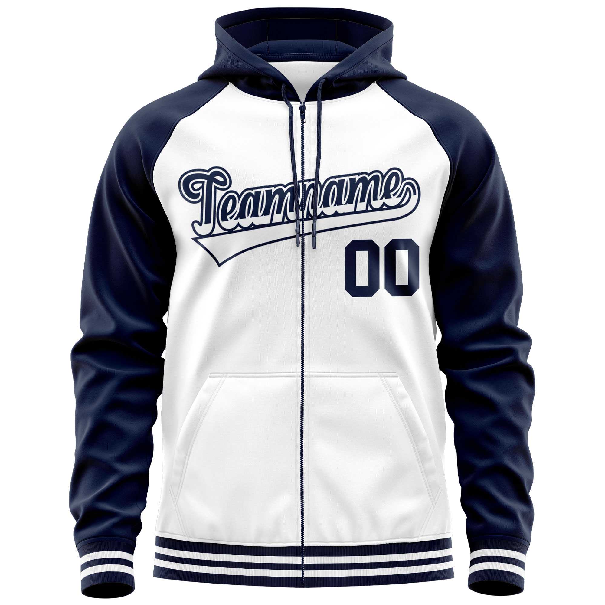 Custom Stitched White Navy Raglan Sleeves Sports Full-Zip Sweatshirt Hoodie