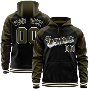 Custom Stitched Black Olive Raglan Sleeves Sports Full-Zip Sweatshirt Hoodie