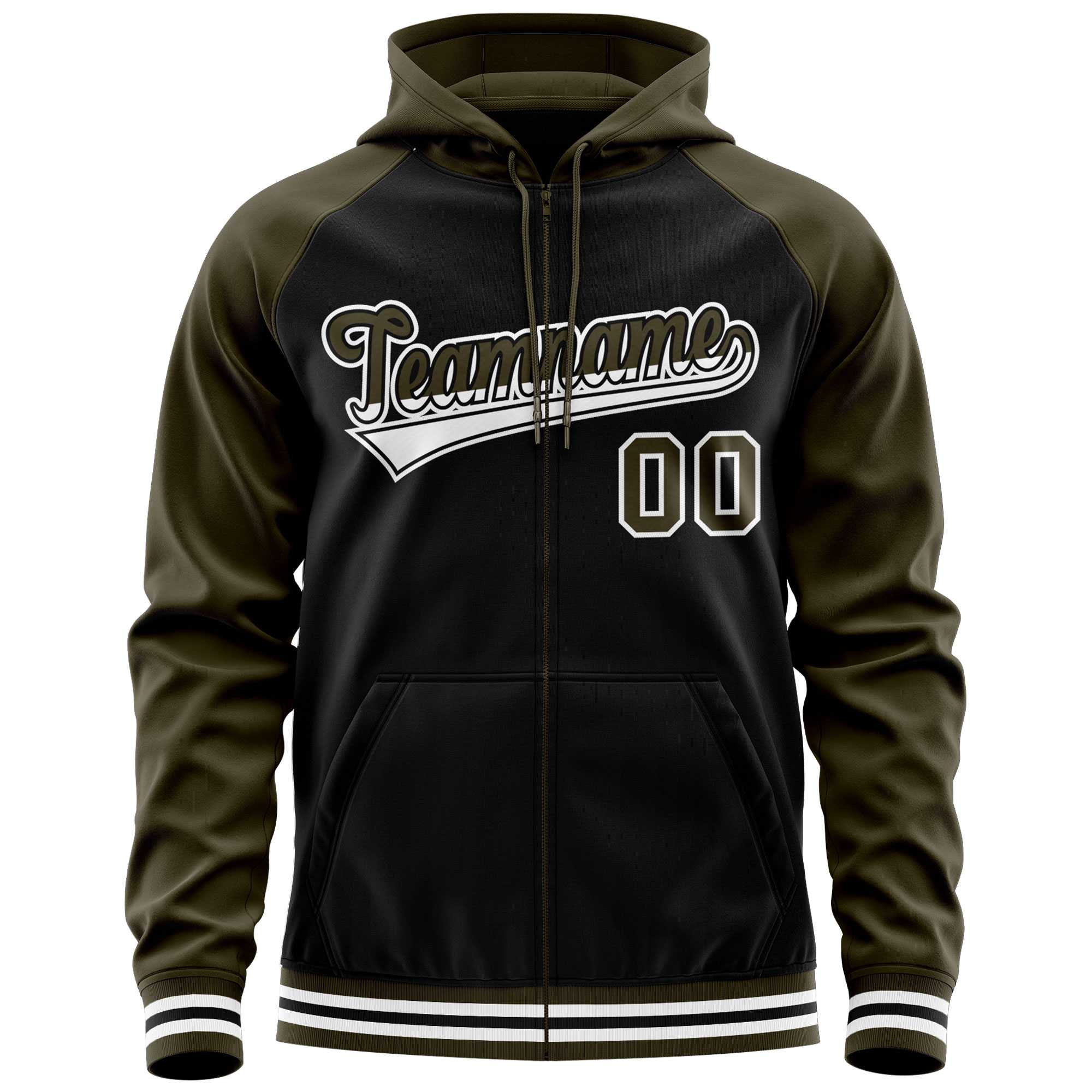 Custom Stitched Black Olive Raglan Sleeves Sports Full-Zip Sweatshirt Hoodie