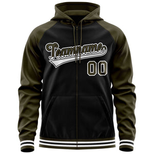 Custom Stitched Black Olive Raglan Sleeves Sports Full-Zip Sweatshirt Hoodie