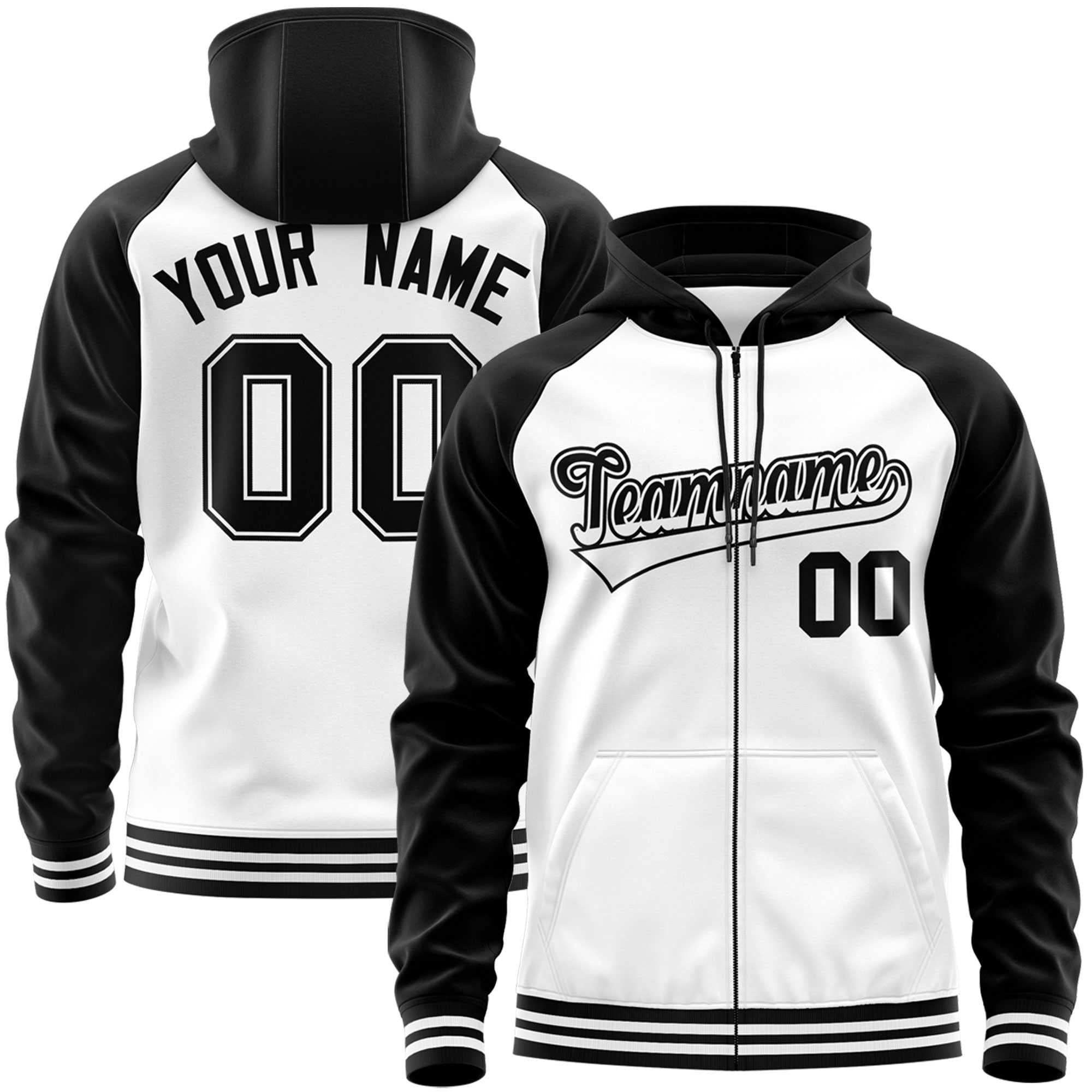 Custom Stitched White Black Raglan Sleeves Sports Full-Zip Sweatshirt Hoodie