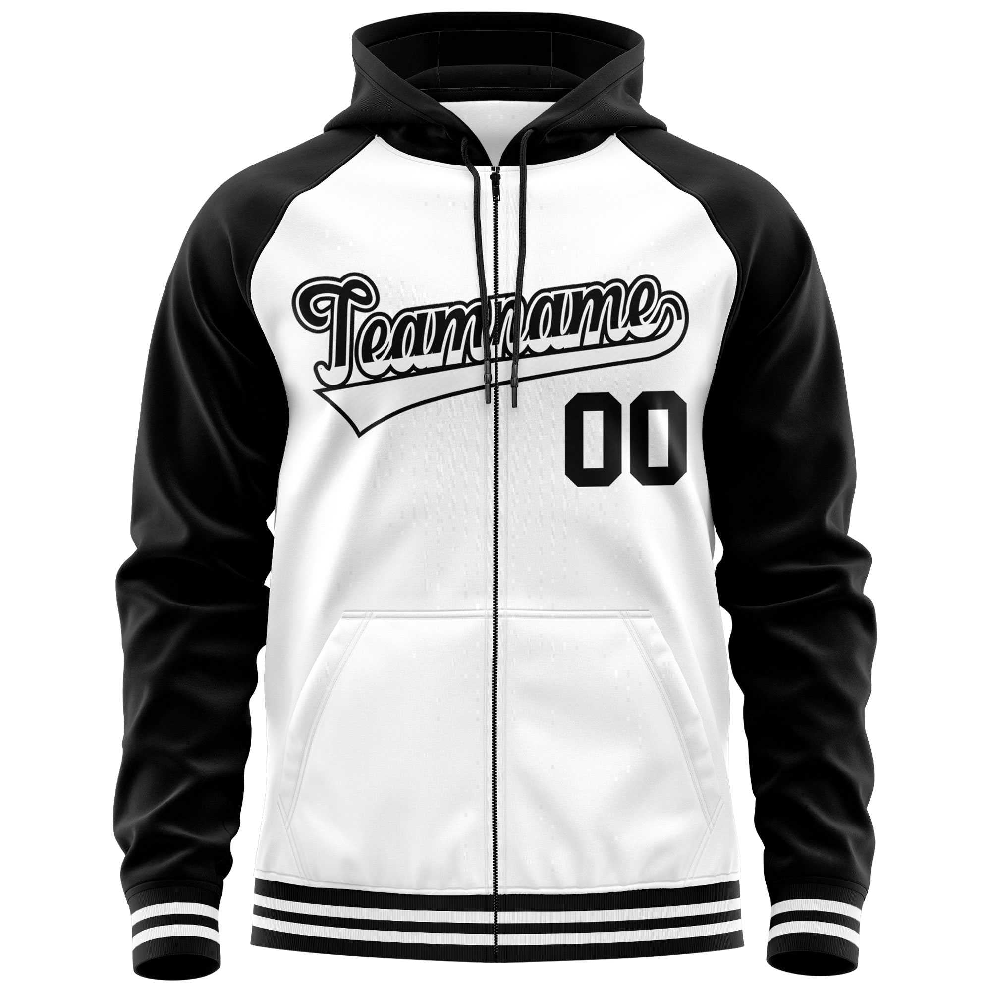 Custom Stitched White Black Raglan Sleeves Sports Full-Zip Sweatshirt Hoodie