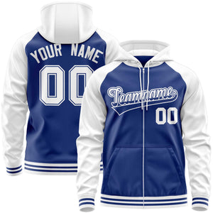 Custom Stitched Royal White Raglan Sleeves Sports Full-Zip Sweatshirt Hoodie