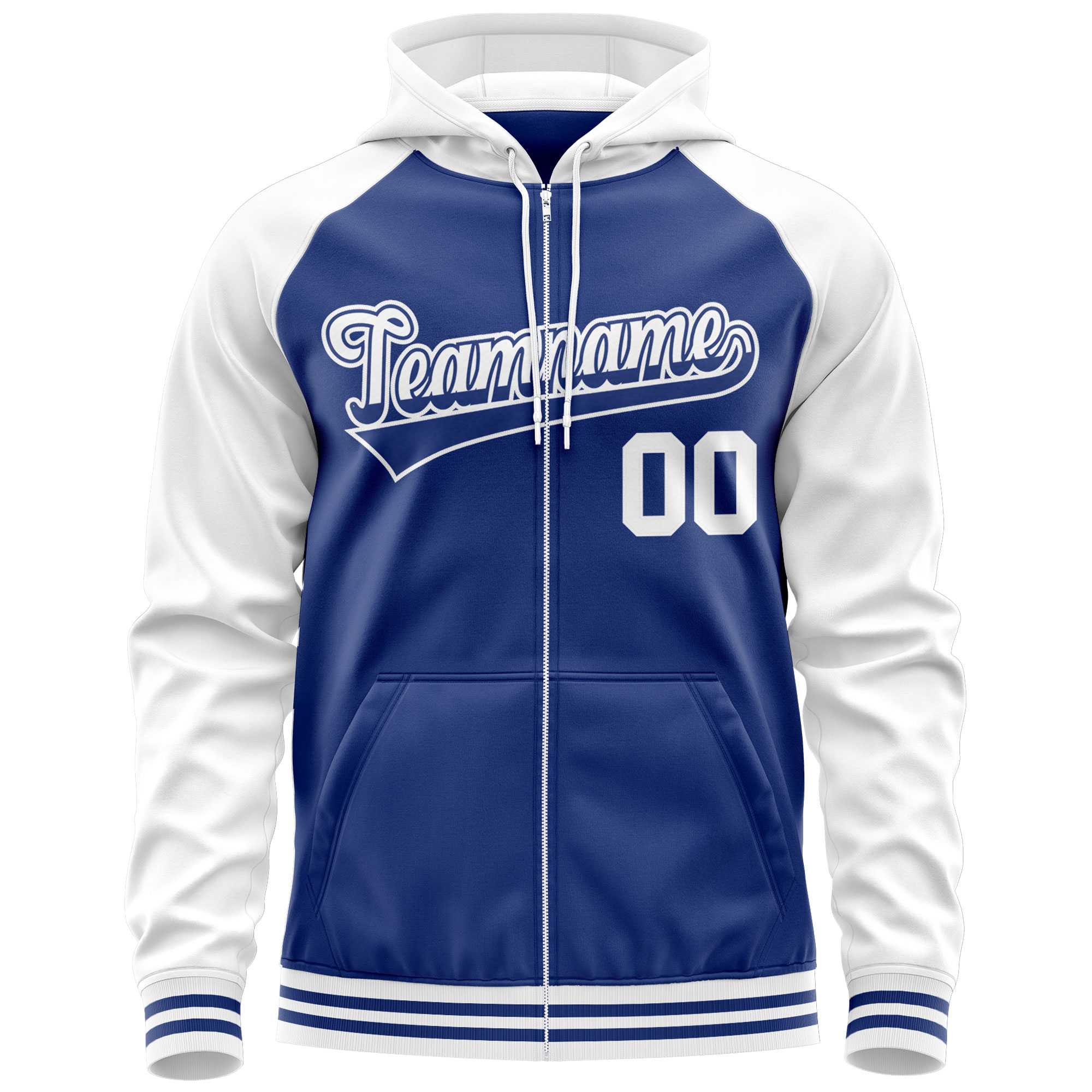 Custom Stitched Royal White Raglan Sleeves Sports Full-Zip Sweatshirt Hoodie