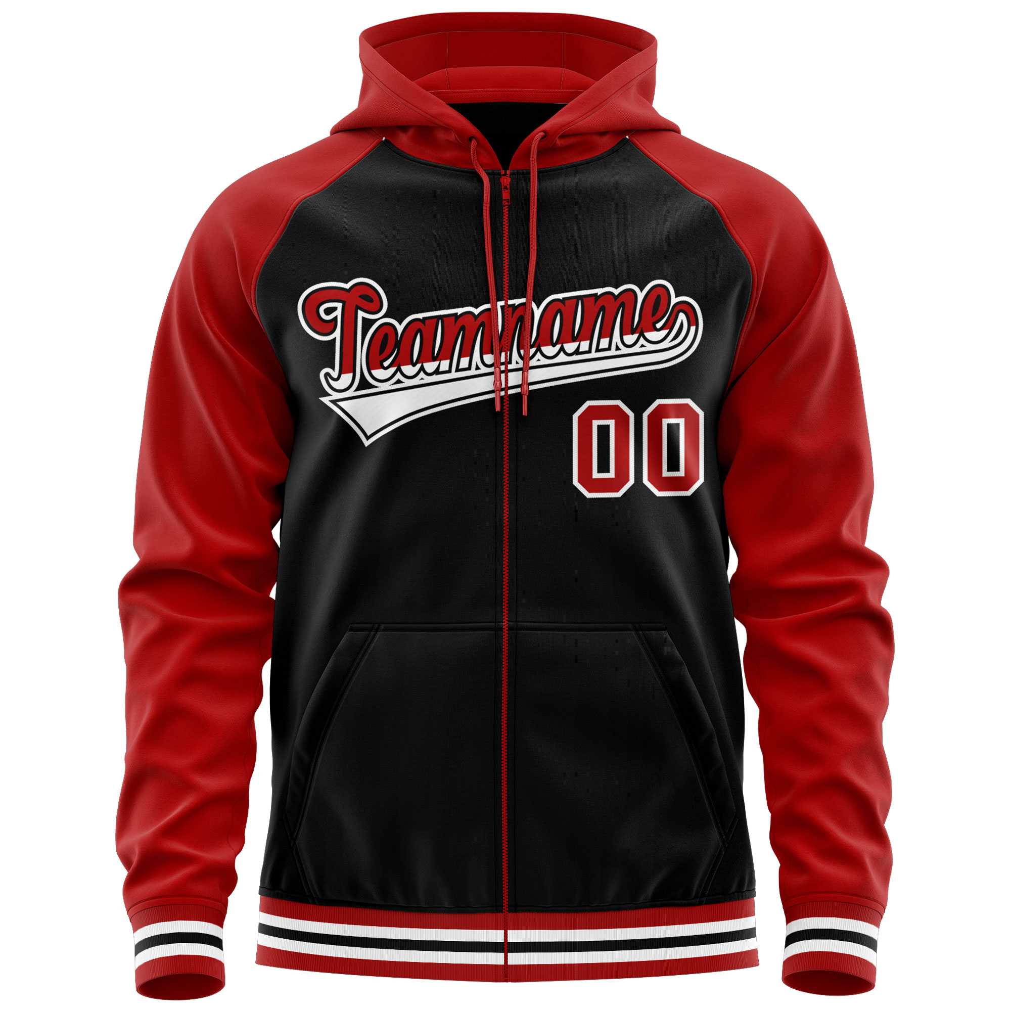 Custom Stitched Black Red Raglan Sleeves Sports Full-Zip Sweatshirt Hoodie