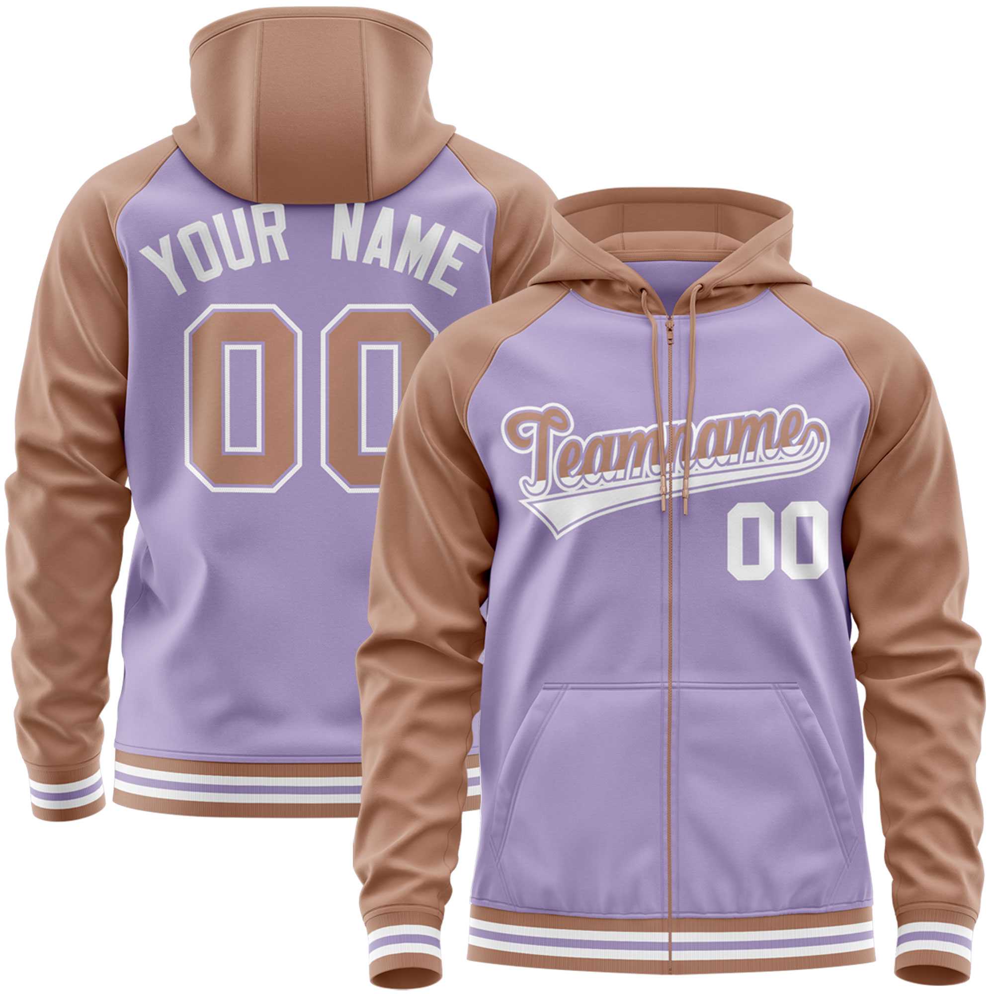 Custom Stitched Light Purple Brown Raglan Sleeves Sports Full-Zip Sweatshirt Hoodie