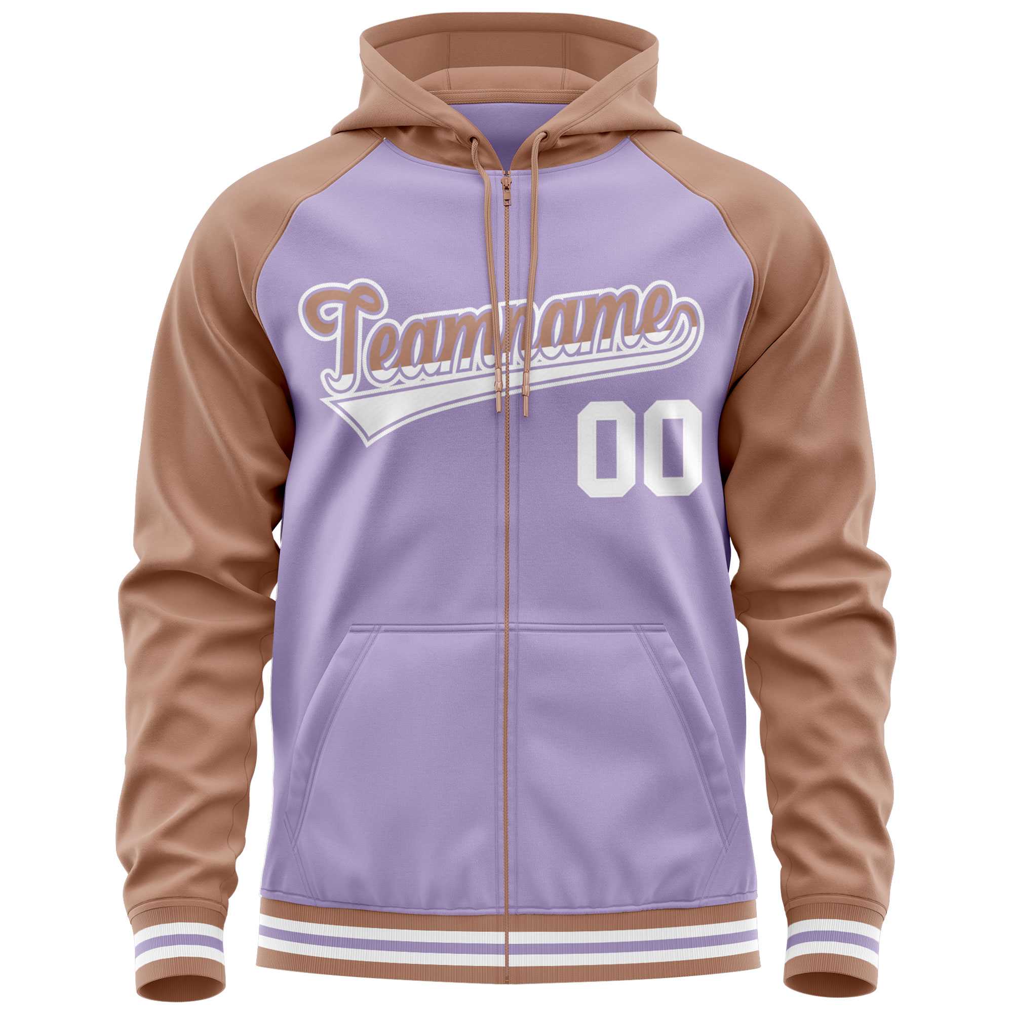 Custom Stitched Light Purple Brown Raglan Sleeves Sports Full-Zip Sweatshirt Hoodie