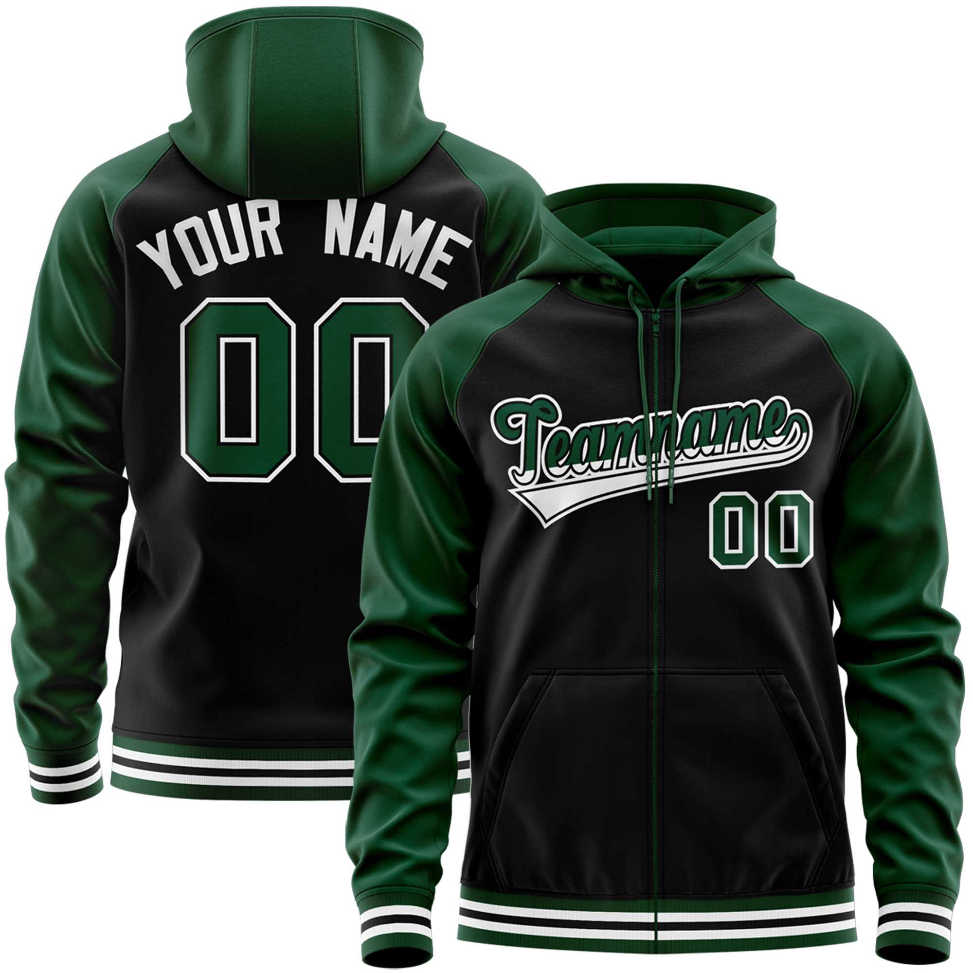 Custom Stitched Black Green Raglan Sleeves Sports Full-Zip Sweatshirt Hoodie