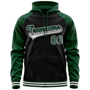 Custom Stitched Black Green Raglan Sleeves Sports Full-Zip Sweatshirt Hoodie