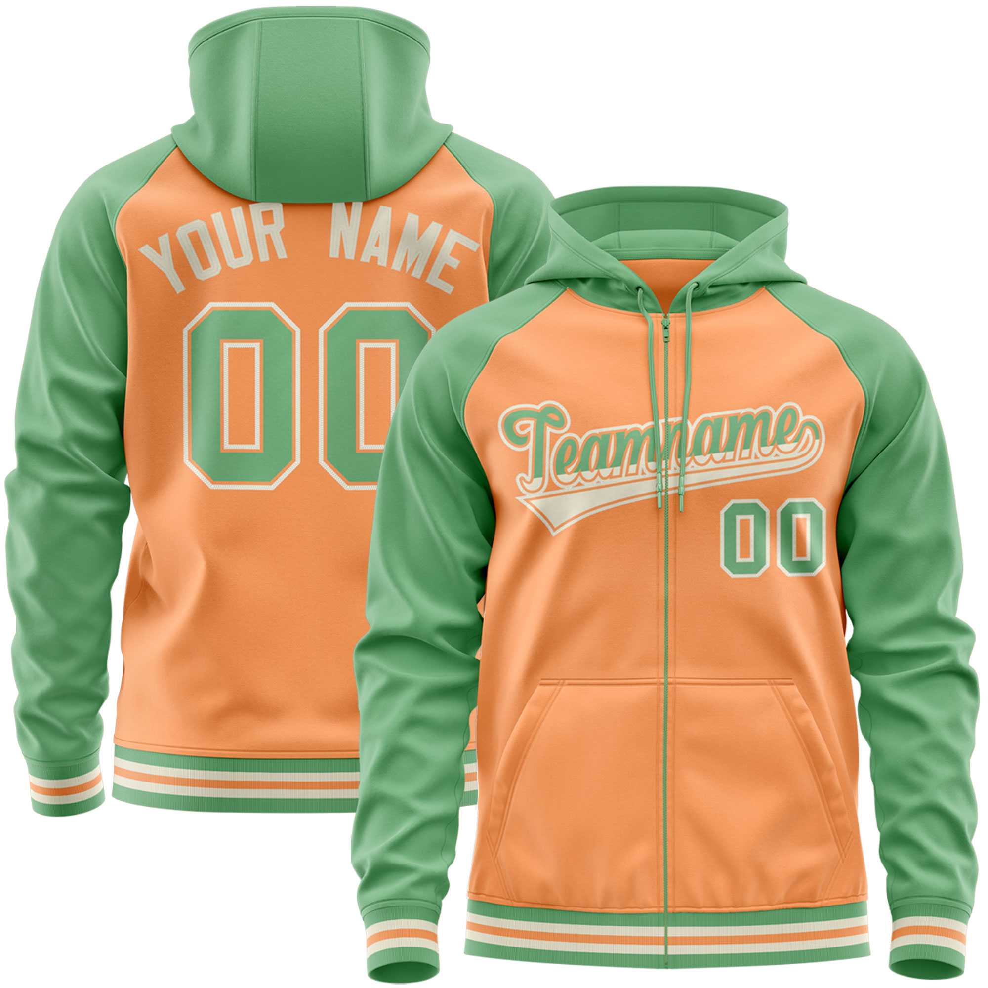 Custom Stitched Light Orange Green Raglan Sleeves Sports Full-Zip Sweatshirt Hoodie