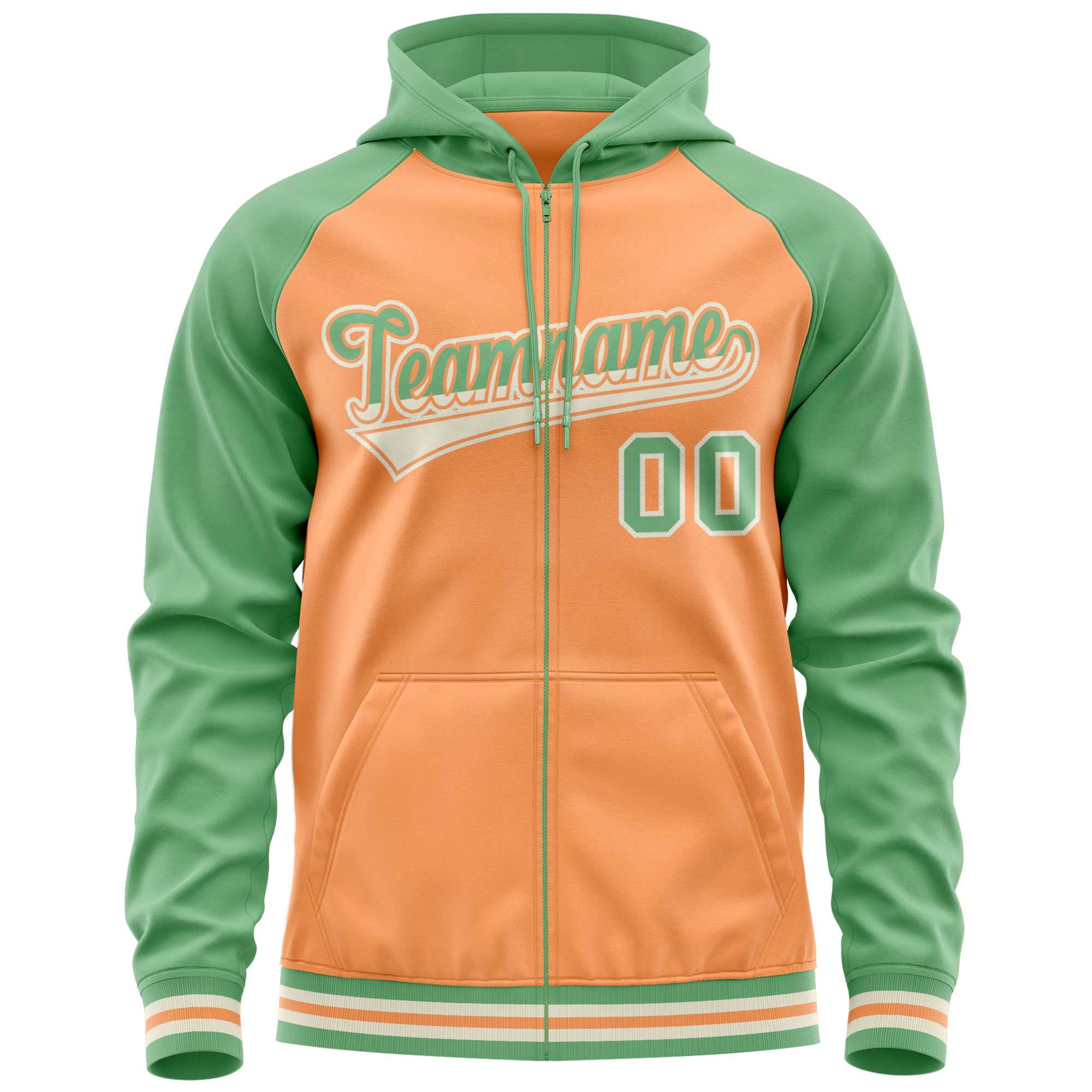 Custom Stitched Light Orange Green Raglan Sleeves Sports Full-Zip Sweatshirt Hoodie