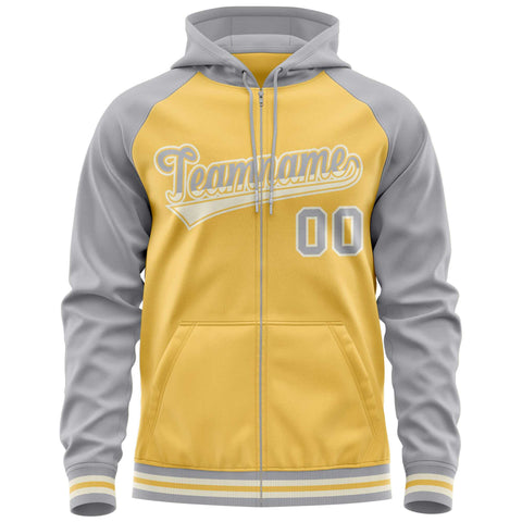 Custom Stitched Yellow Light Gray Raglan Sleeves Sports Full-Zip Sweatshirt Hoodie