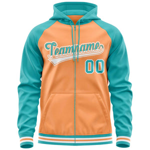 Custom Stitched Light Orange Aqua Raglan Sleeves Sports Full-Zip Sweatshirt Hoodie