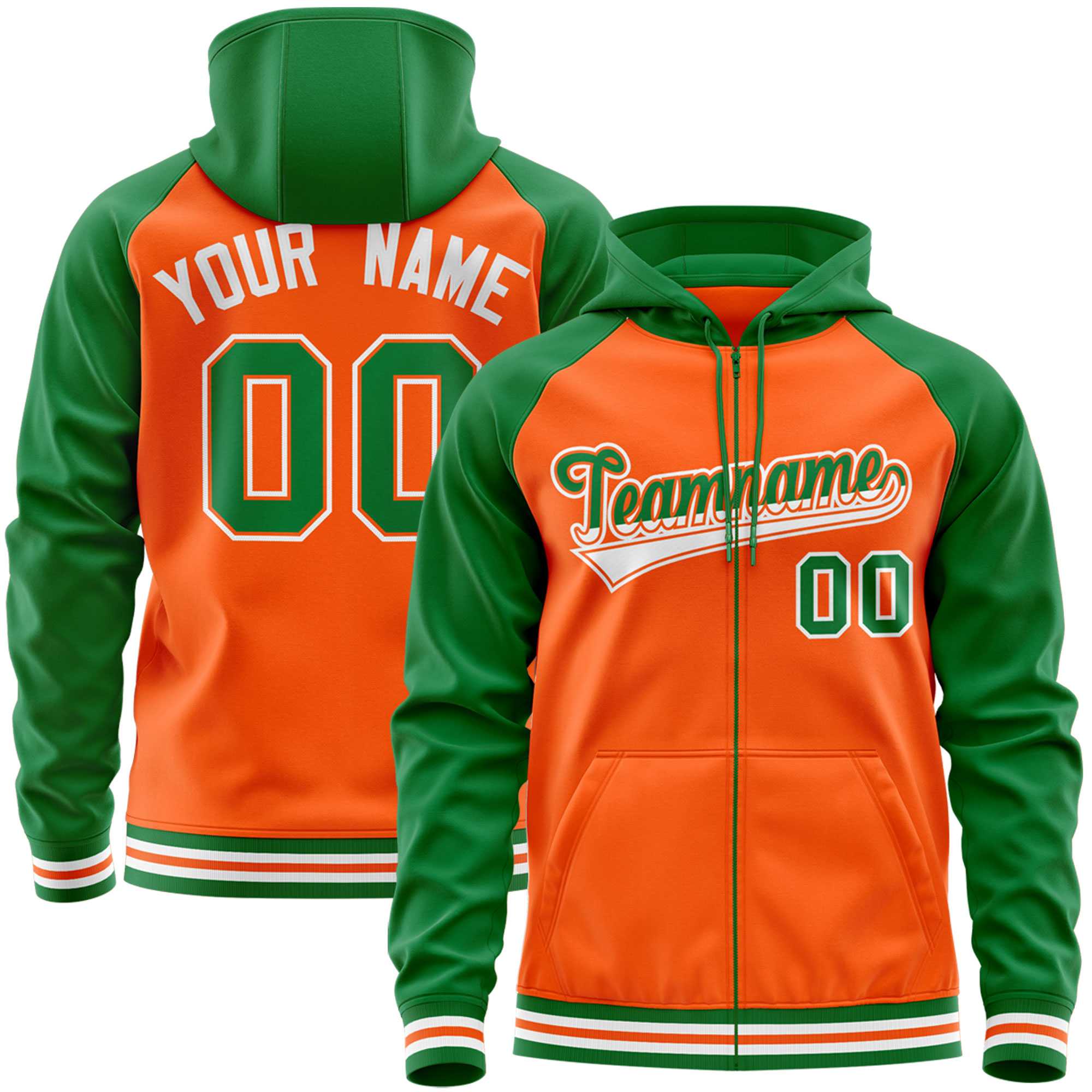 Custom Stitched Orange Kelly Green Raglan Sleeves Sports Full-Zip Sweatshirt Hoodie