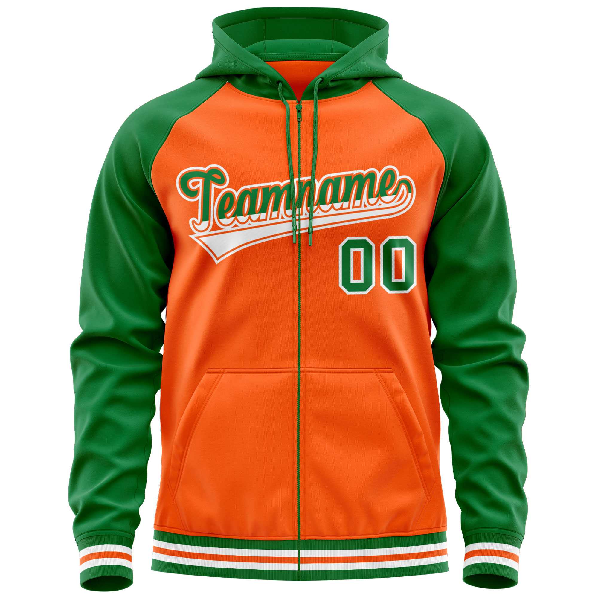 Custom Stitched Orange Kelly Green Raglan Sleeves Sports Full-Zip Sweatshirt Hoodie